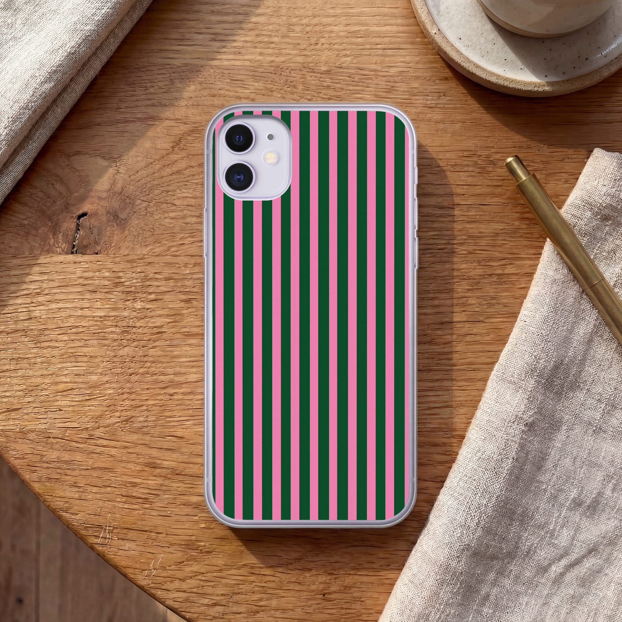 MuchoWow Handyhülle für Apple iPhone 11 Vertikale Streifen - Grün - Rosa, Smartphone-Bumper, Print, Handy Schutzhülle Dünn