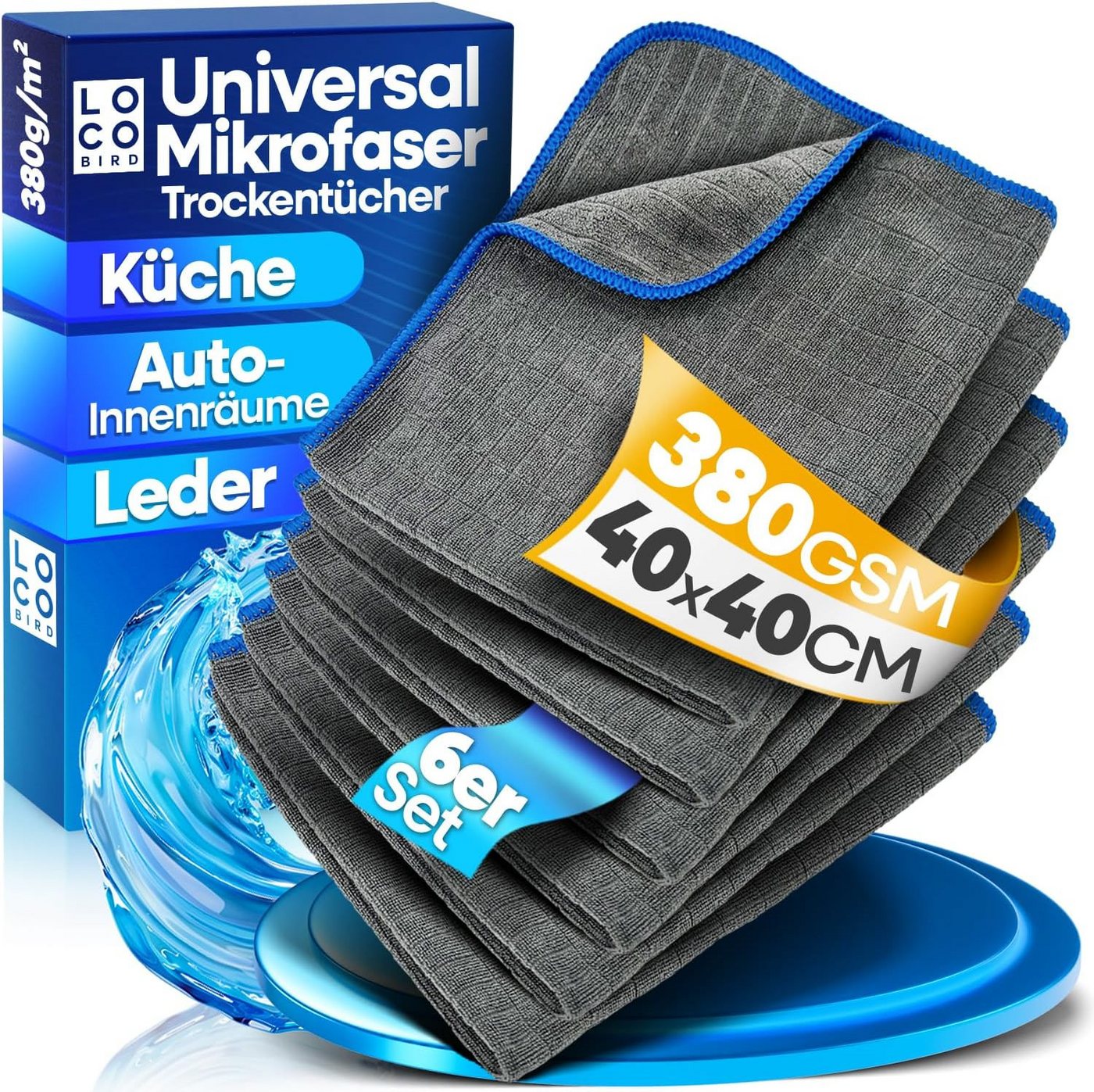 Loco Bird Microfasertücher in 380GSM - Auto & Haushalt fusselfreier Putztuch Bad Mikrofasertuch (40x40 cm, 6-tlg., Putztücher für Küche grau, Reinigungstücher - Putzlappen, Streifenfreie und fusselfreie Reinigung sowie Politur von Oberflächen)
