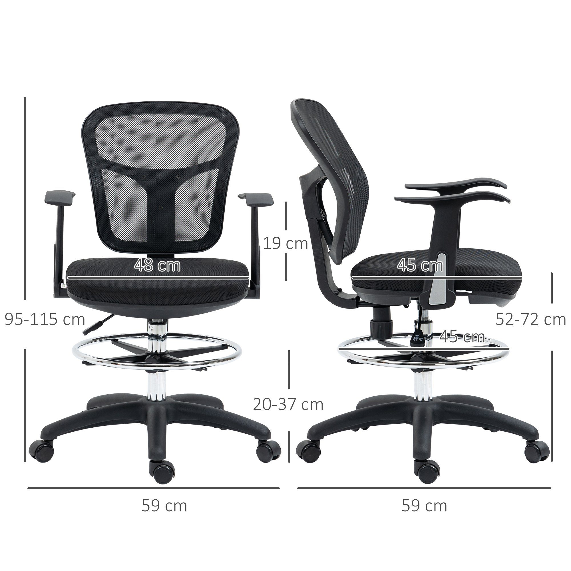 Vinsetto Schreibtischstuhl Bürostuhl, Ergonomischer Zeichenstuhl Computerstuhl mit Armlehne (Drehstuhl für Büro, Wohnzimmer, 1 St), Mesh, Schwarz