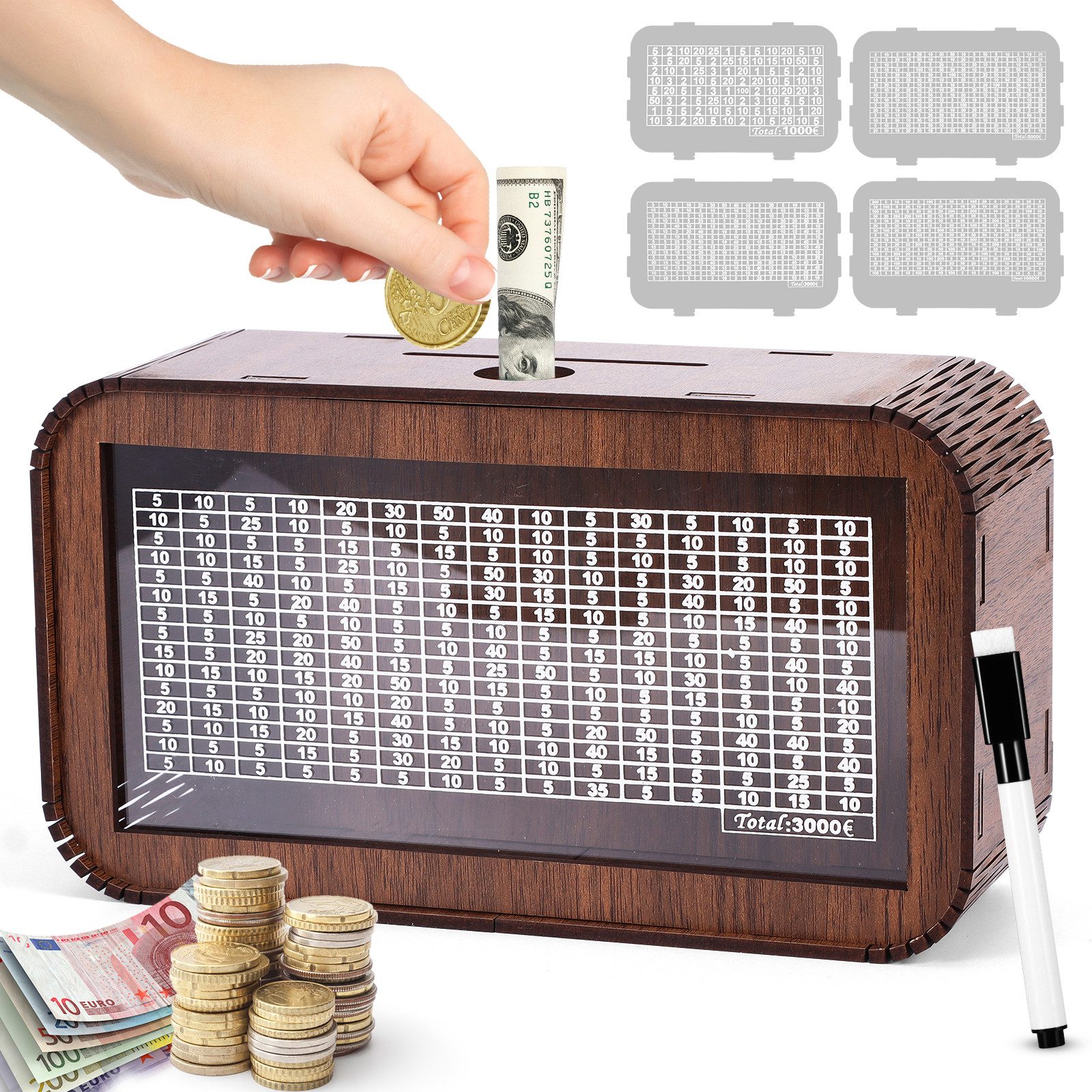 BlingBin Spardose 4-in-1 Spardose aus Holz Sparbox mit Zahlen Ankreuzen, Sp günstig online kaufen