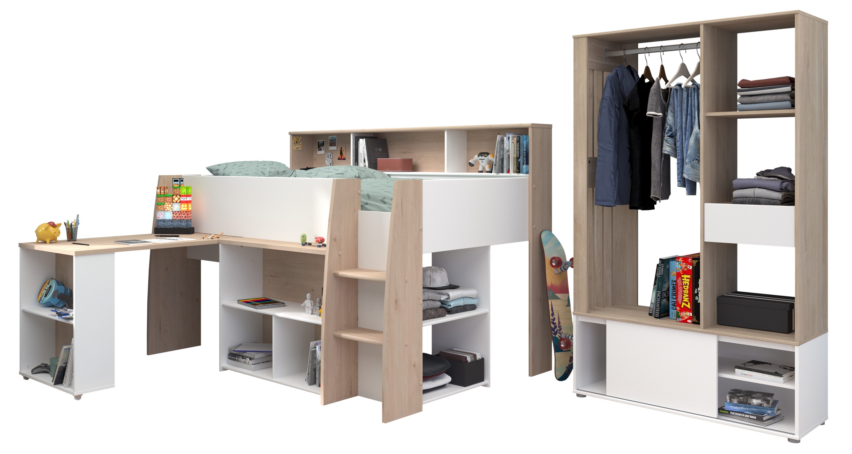 Parisot Hochbett Lucas in Japanische Eiche und Weiß (Komplett Set, 2-St., in verschiedenen Varianten wählbar) integrierter Schreibtisch und Leiter