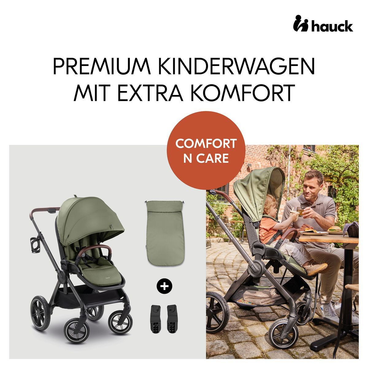 Hauck Kombi-Kinderwagen Comfort N Care - Olive, Sportwagen mit Liegefunktion & höhenverstellbarem Schieber bis 22 kg