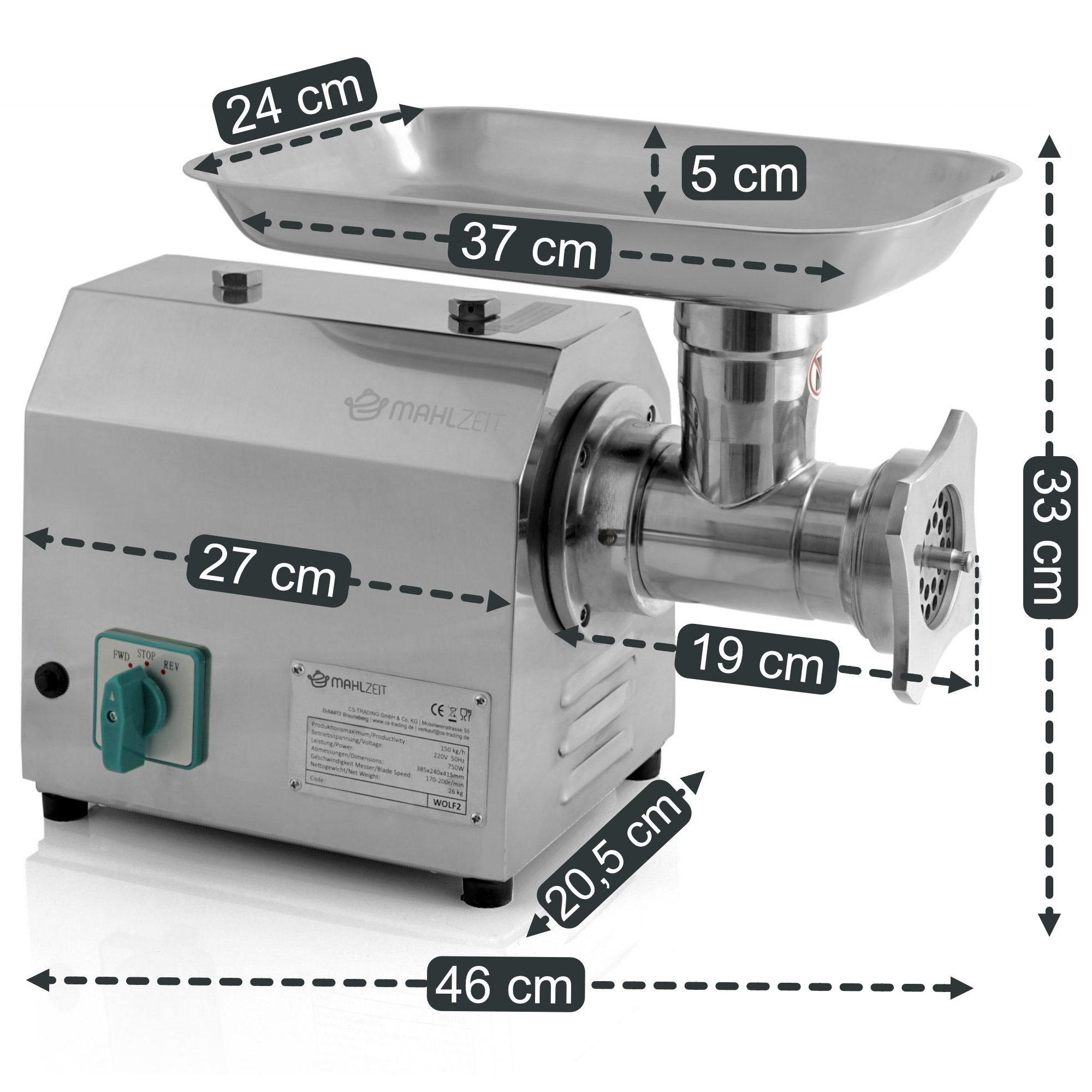 Mahlzeit Fleischwolf Profi Edelstahl Fleischwolf elektrisch, 750W - 150kg/h, Wurstfüller, 750 W