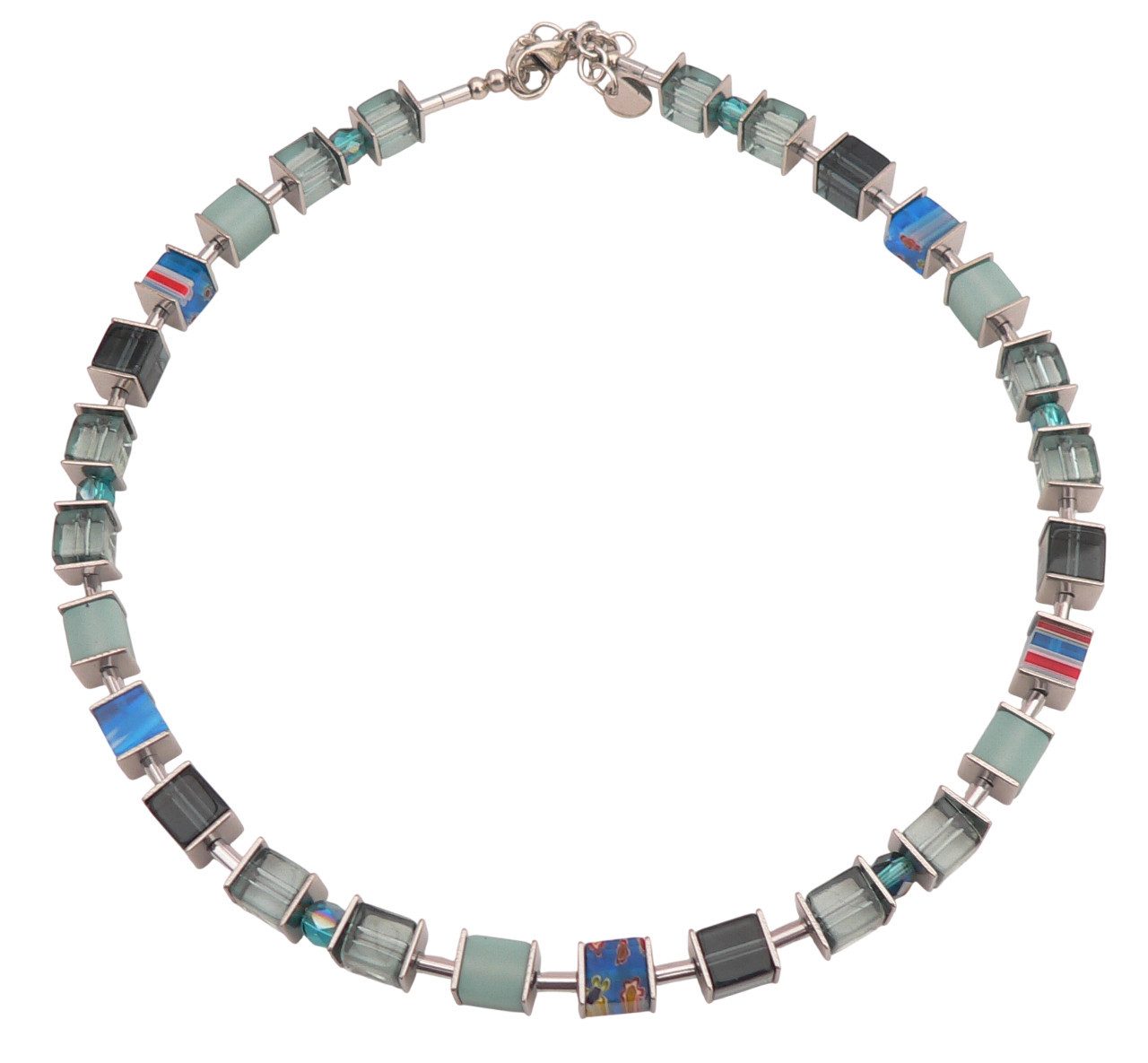 traumschmuck Collier 092a Collier Halskette Würfel Glas Millefiori petrol mehrfarbig (incl. Schmuckbox), handgefertigt, Made in Germany