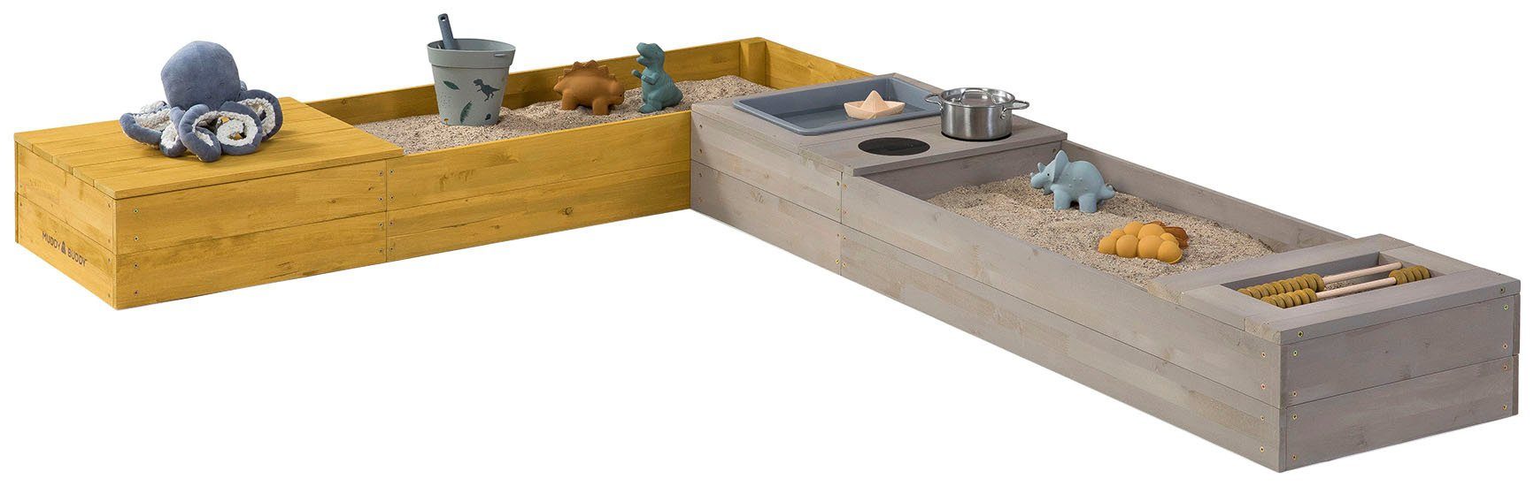 MUDDY BUDDY® Sandkasten Flexy Style, (inkl. Sandkastenvlies), warmgrau - ocker, Holzschutz vorbehandelt