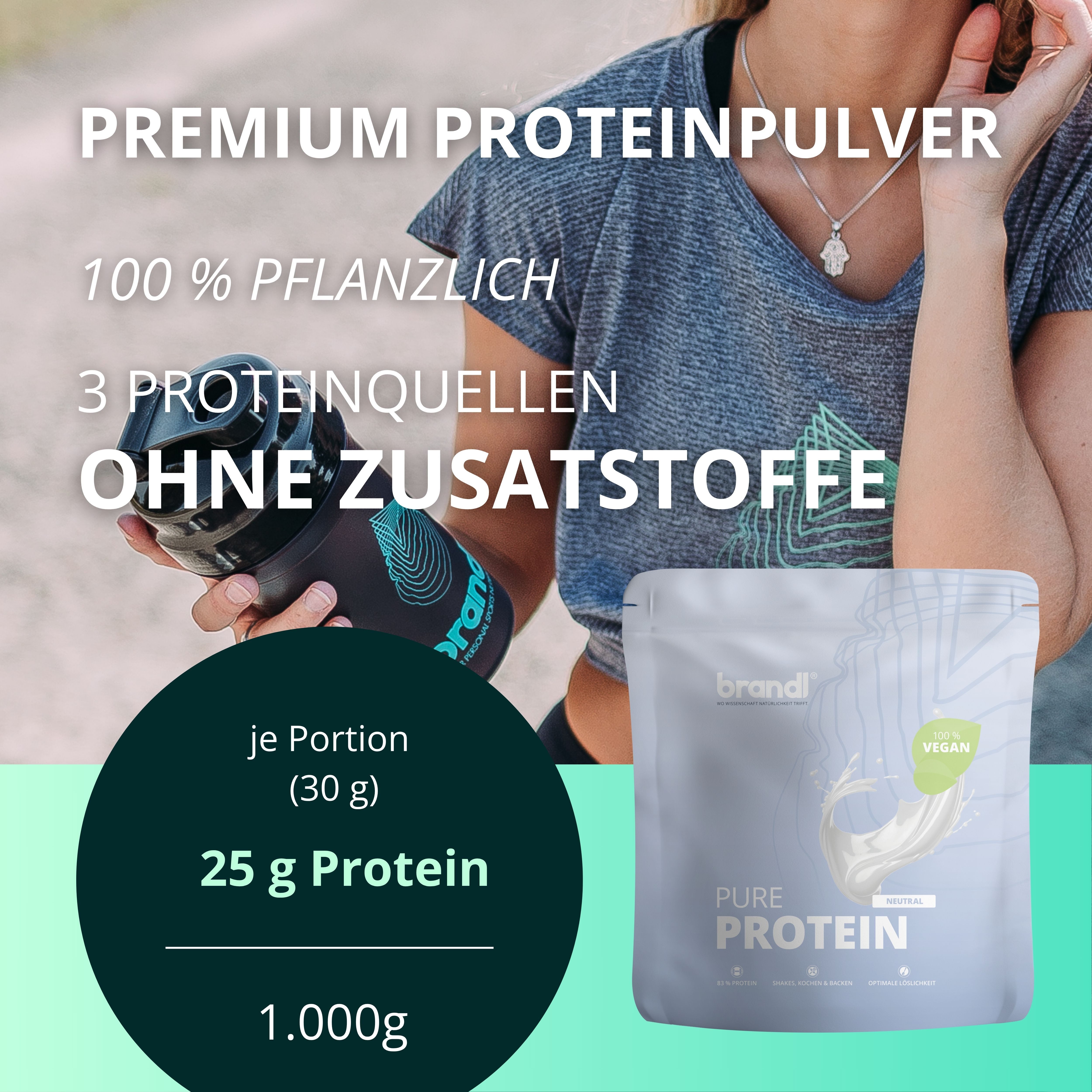 Brandl Nutrition Veganes Proteinpulver- 30g Protein vegan pro Portion mit Eiweißgehalt Pulver, 1000 g, Löslich im Wasser, Smoothie & Kaffee - hochwertige Proteinquelle