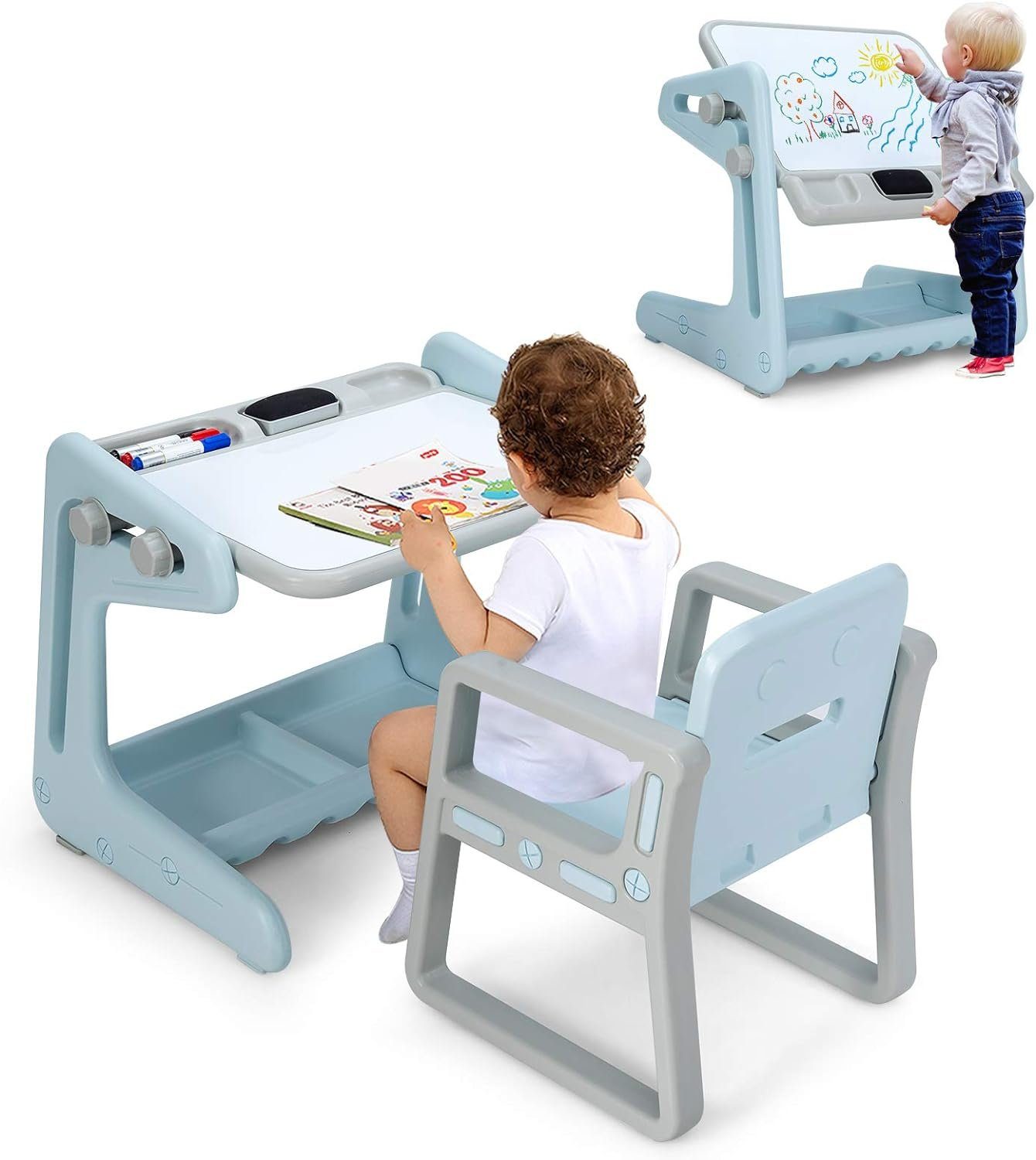 Zeichentisch (2-St), Kinderschreibtisch KOMFOTTEU mit verstellbarer blau Stuhl Stauraum, mit