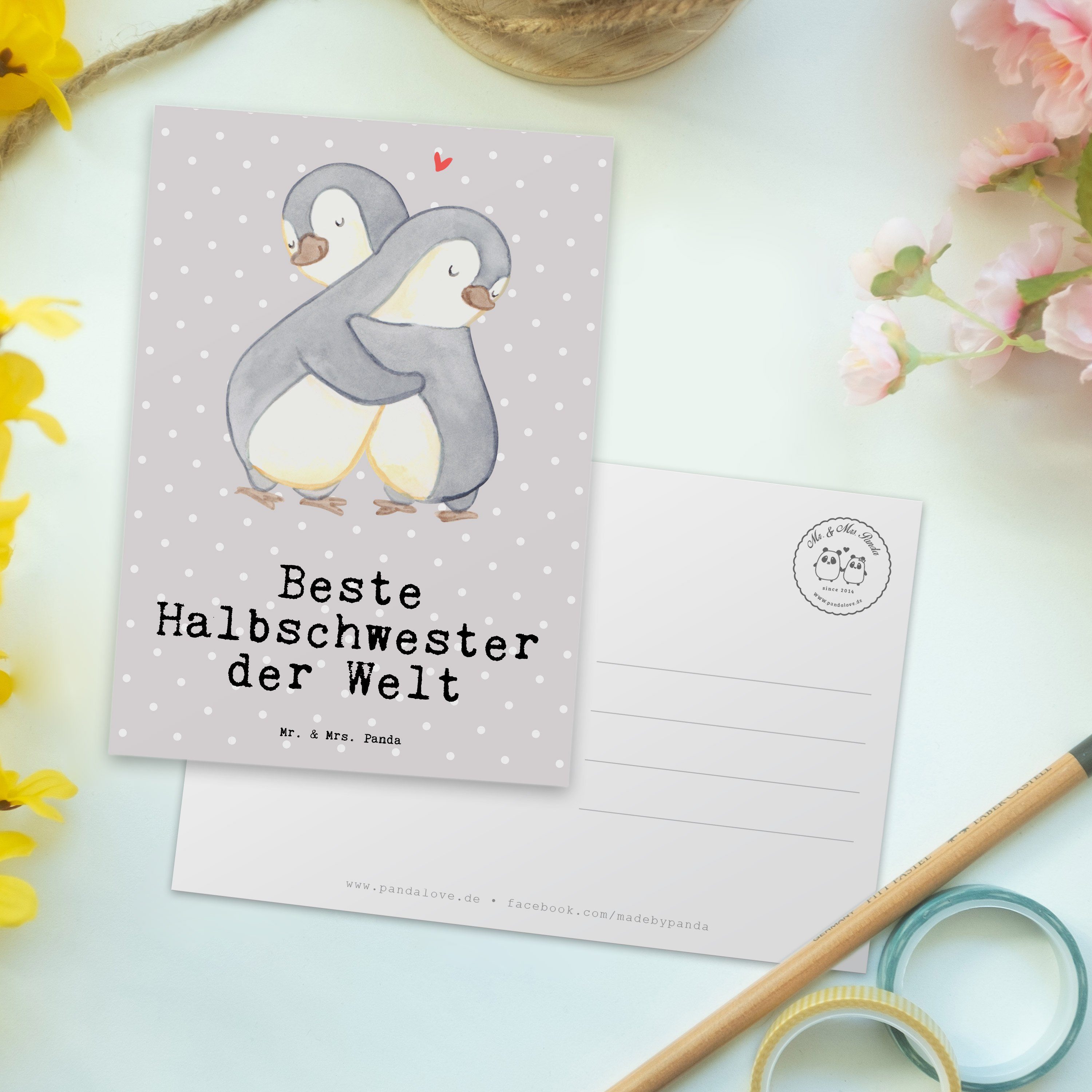 Mr. & Mrs. Panda Beste Pastell - der Pinguin Welt - Halbschwester Einla Postkarte Grau Geschenk