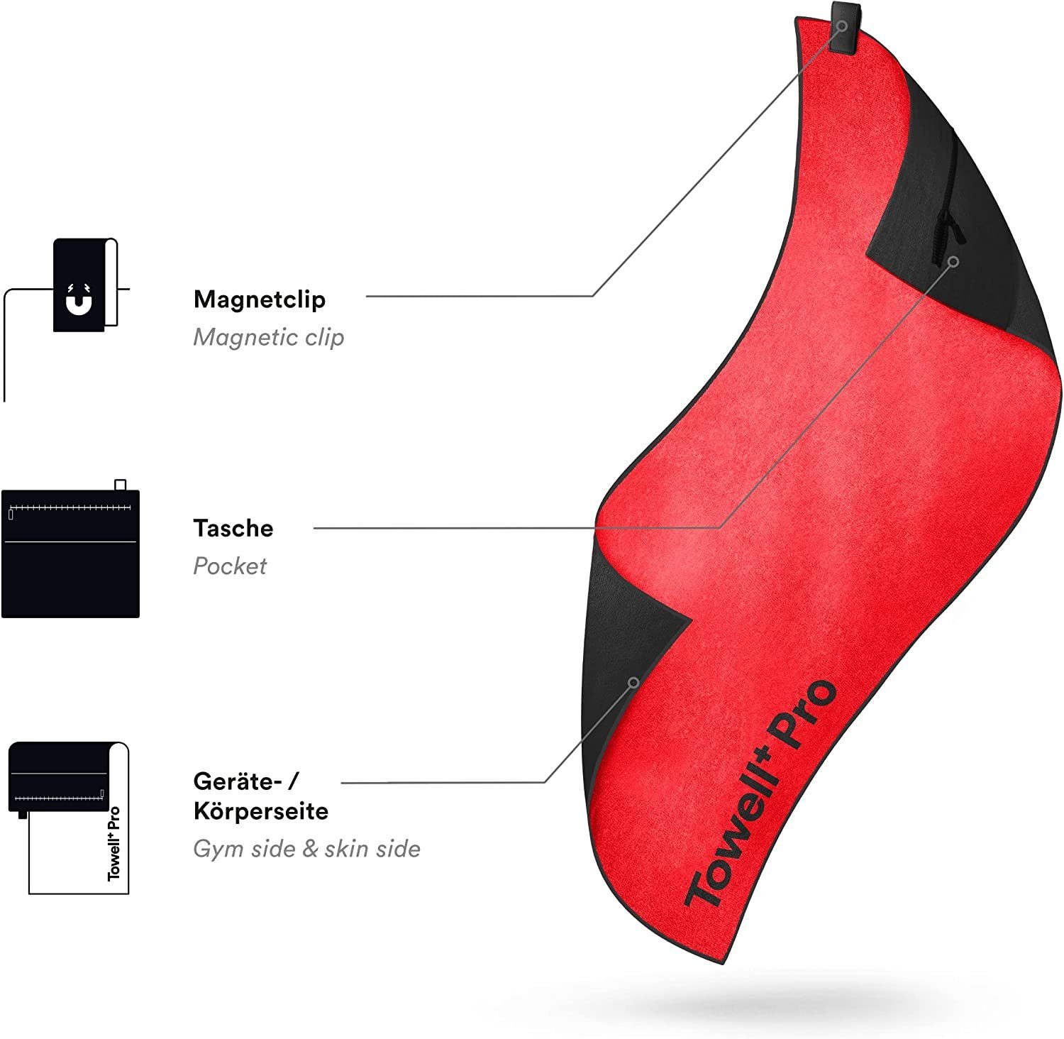 Rutschschutz x Tasche + Pro Sporthandtuch Red, TOWELL mit Stryve Neon Magnet, + 42,5cm) (105