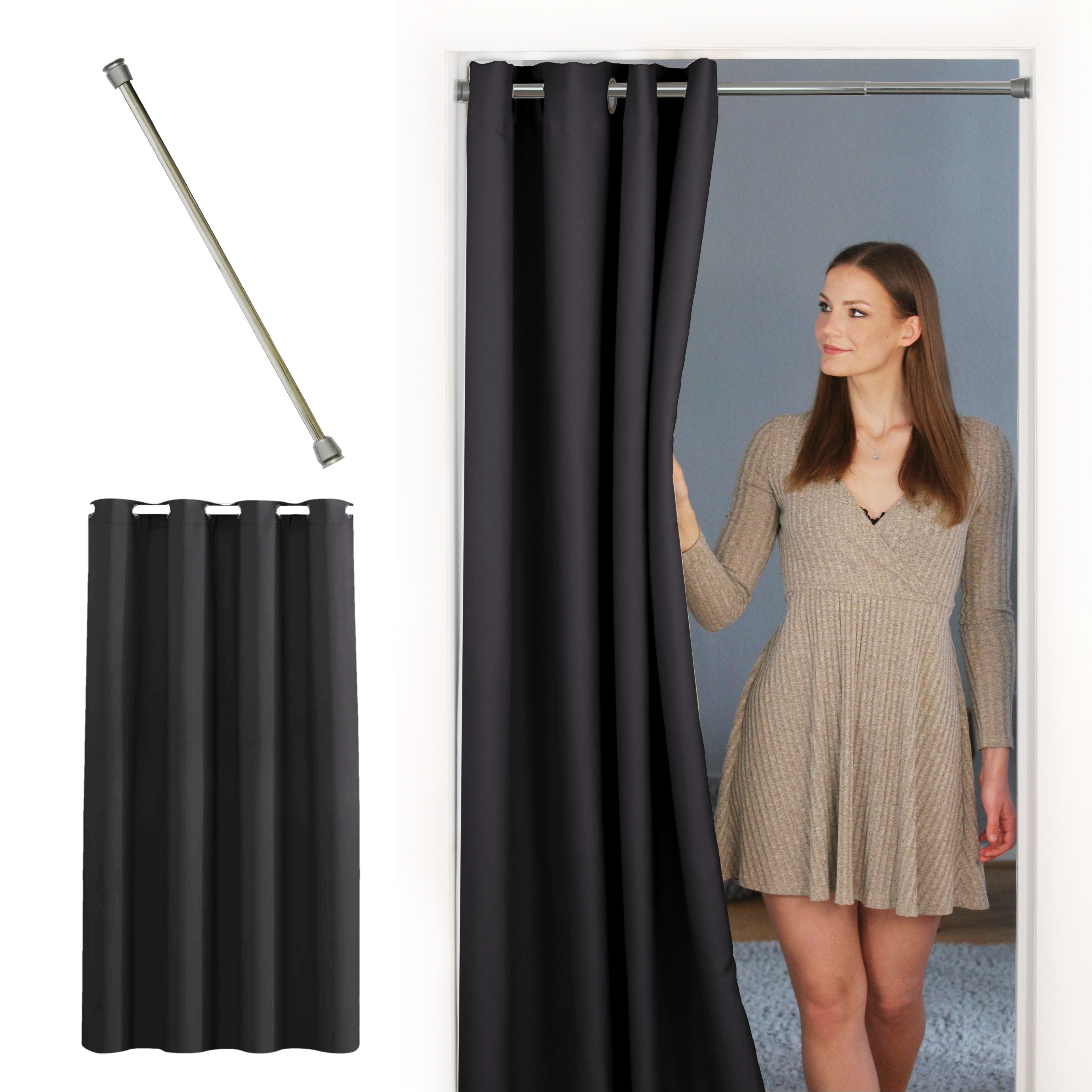 tinycurtains Türvorhang mit Stange silber 55-90 cm ohne Bohren, Thermo Vorhang mit Magneten, Ösen, abdunkelnd, Polyester, blickdicht, Schwarz Eclipse, Türgardine mit Klemmstange verdunkelnd
