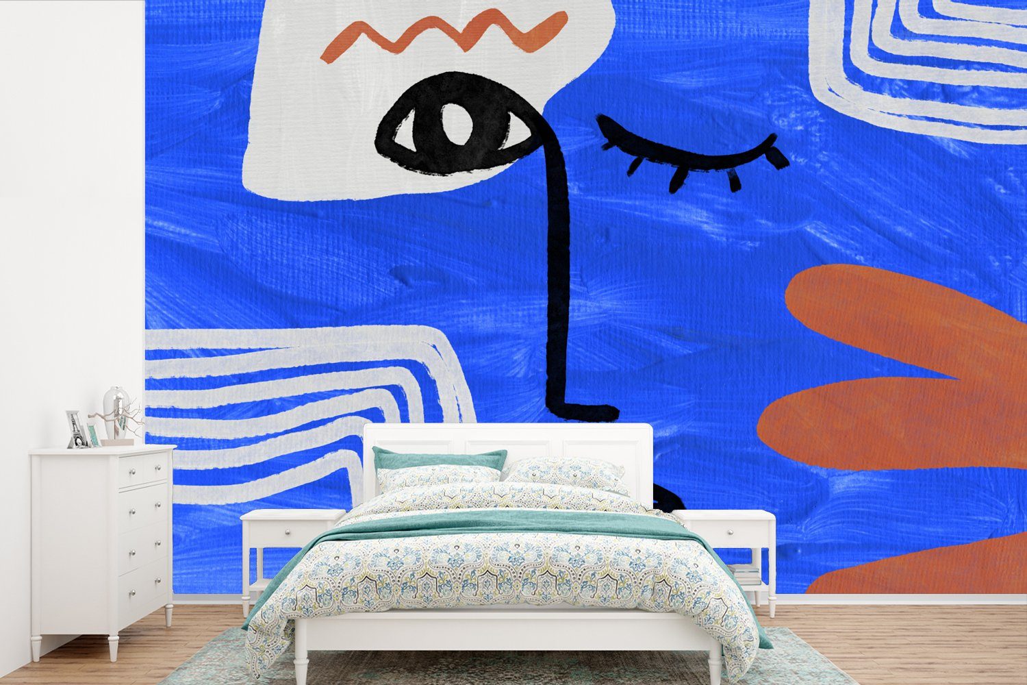 MuchoWow Fototapete Gesicht - Blau - Abstrakt, Matt, bedruckt, (6 St), Wallpaper für Wohnzimmer, Schlafzimmer, Kinderzimmer, Vinyl Tapete | Fototapeten