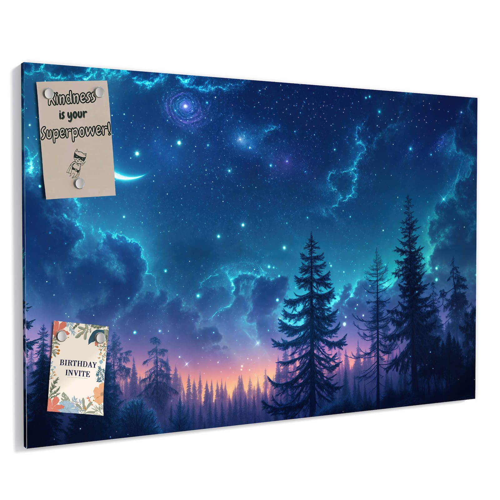 Primedeco Memoboard Metall Nachthimmel Wald – beschreibbar & magnetisch, (Inklusive Stift, Magnete und Montagematerial, 1-tlg., 9 verschiedene Größen), Magnetisch und Beschreibbar