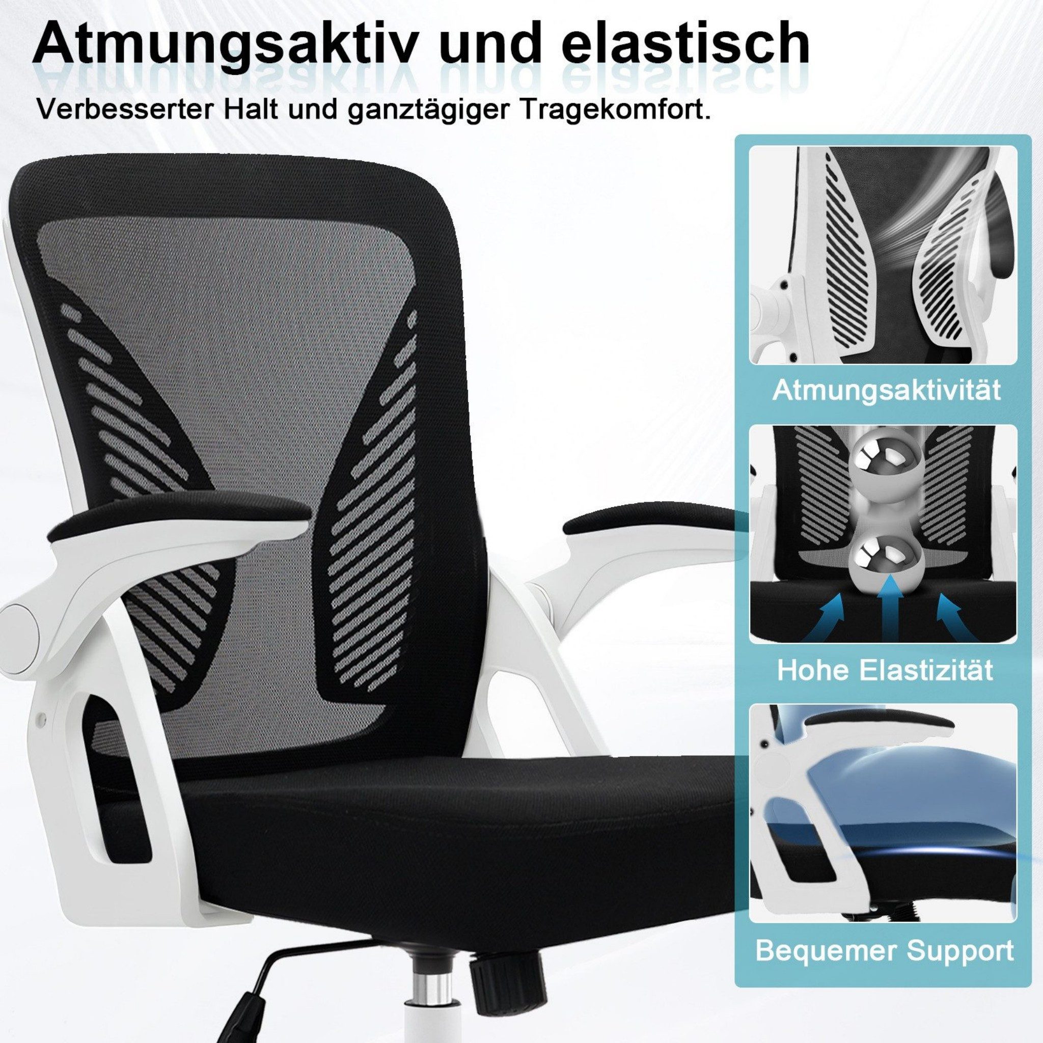 Milacyee Bürostuhl Ergonomischer Bürostuhl mit 90° klappbaren, gepolsterten Armlehnen (Höhenverstellbarer Atmungsaktiv Chefsessel mit geräuscharmen Rollen,Drehs – Bild 2 von 5