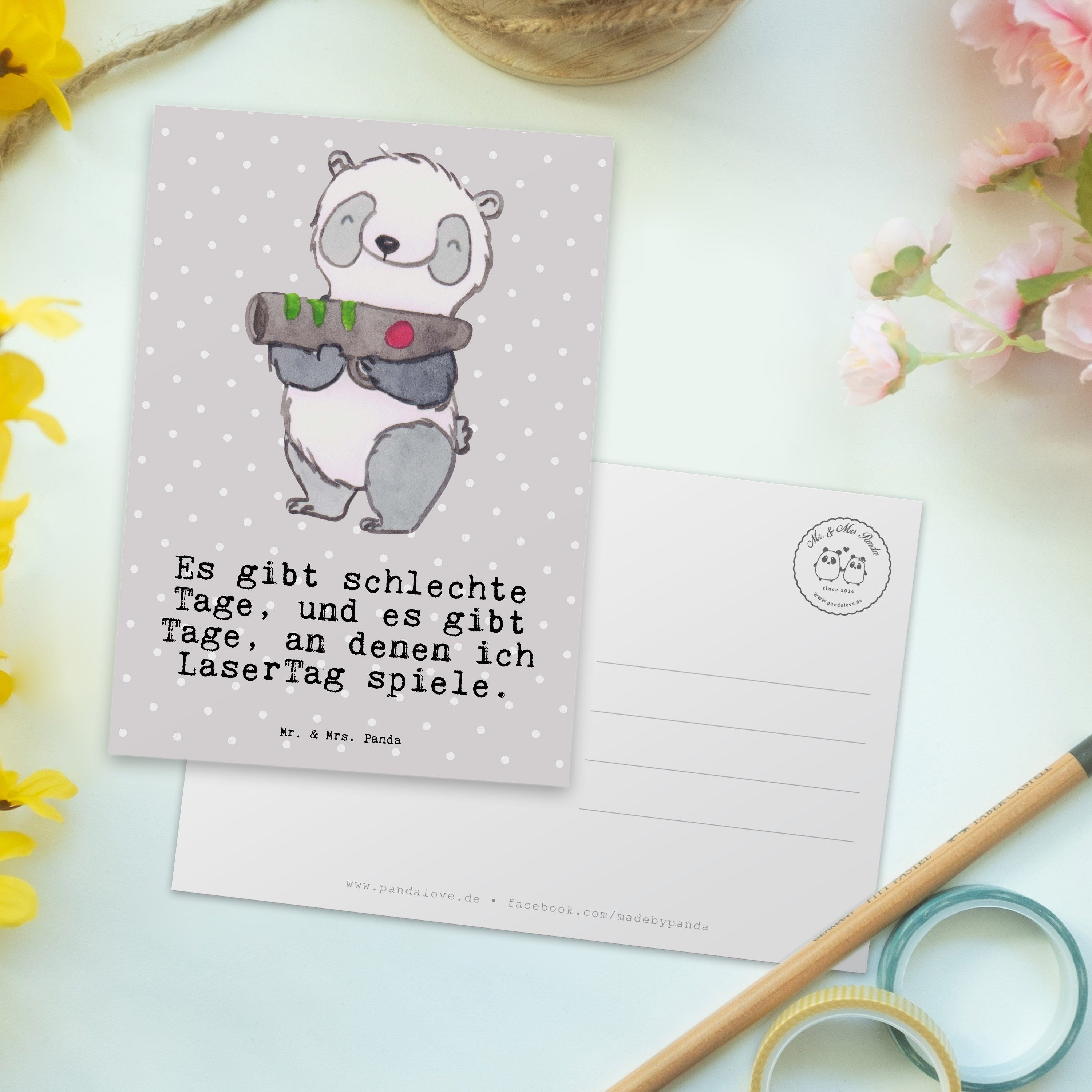 Mr. & Mrs. Panda Postkarte Geschenk, Grau Grußkarte, Schenken, - LaserTag Pastell - E Tage Panda