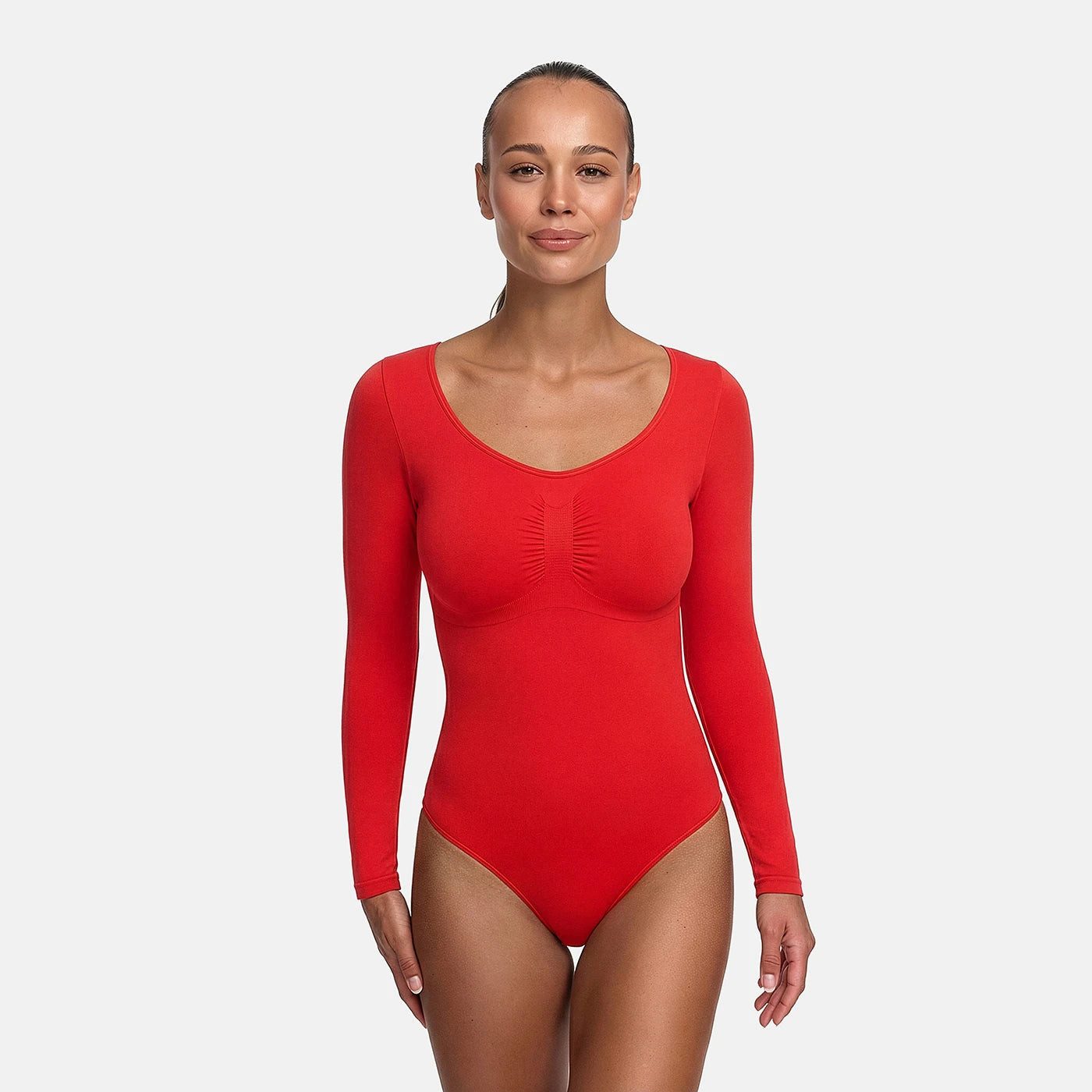 cfab by creamy fabrics Miederbody Bodysuit Sculpting Shapewear Longsleeve mit String-Fire Red-5XL (1-tlg) Figurformend