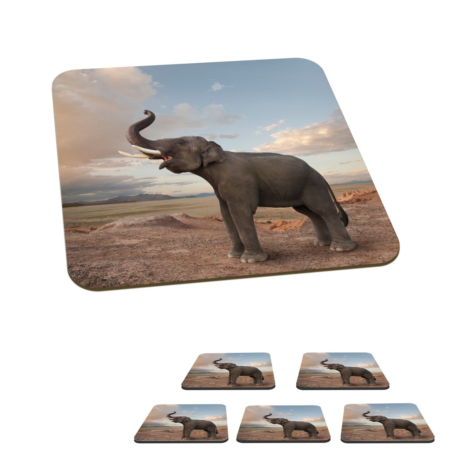 MuchoWow Glasuntersetzer Trompetender Elefant in der Wüste, Zubehör für Gläser, 6-tlg., Glasuntersetzer, Tischuntersetzer, Korkuntersetzer, Untersetzer, Tasse