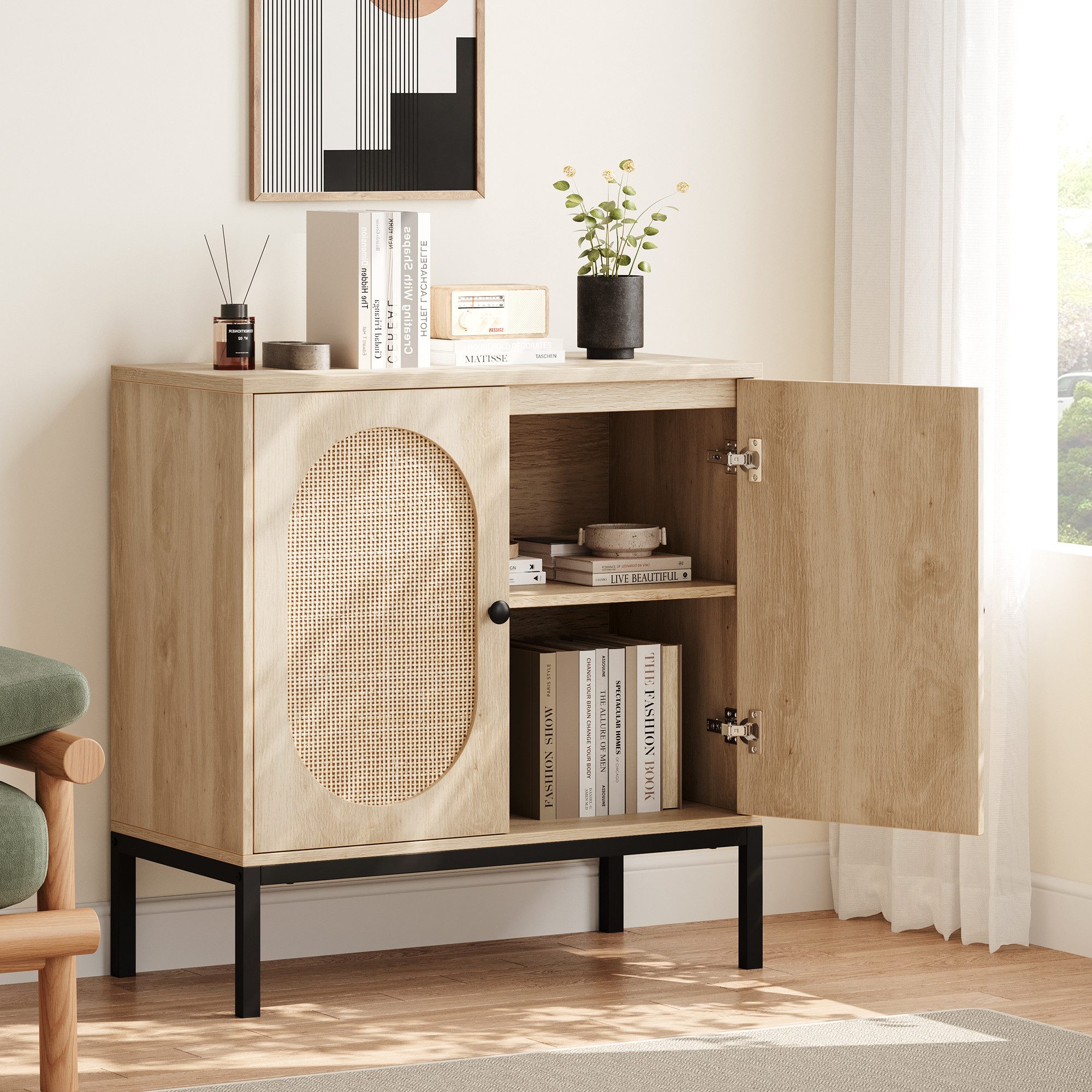 GarveeMore Sideboard Küchenschrank,mit 2 Türen aus Rattan, Kommode,mit Einl günstig online kaufen