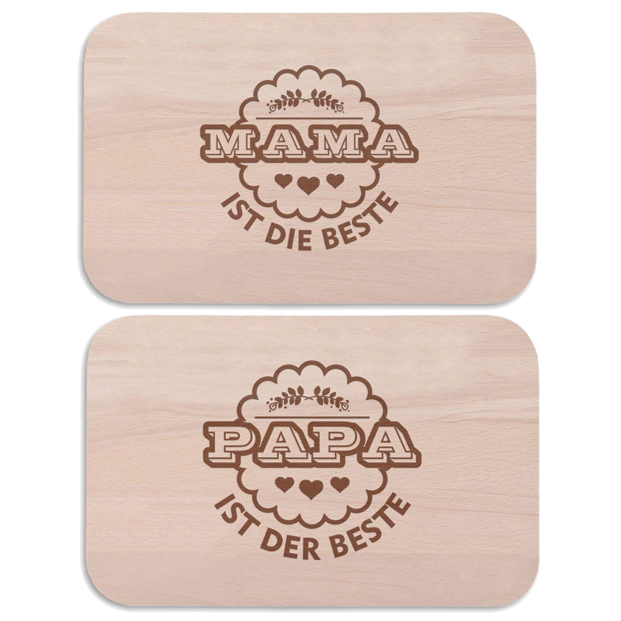GRAVURZEILE Schneidebrett Mama + Papa sind die Besten im Set Frühstücksbrettchen, Holz, (Set)
