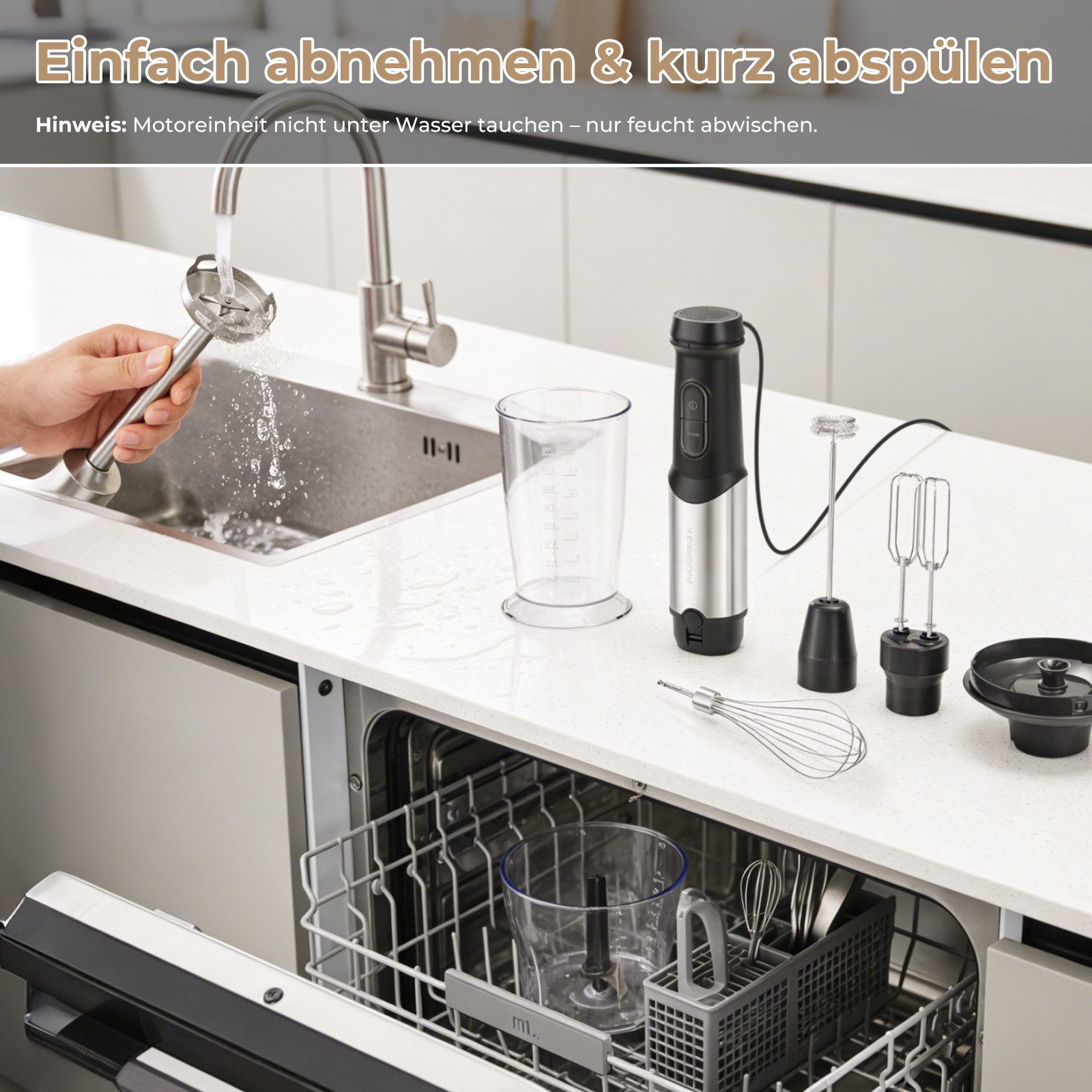 kowdom Stabmixer 1200W Stabmixer 6in1 mit Zerkleinerer & Milchaufschäumer, Pürierstab, 1200 W, Hochleistungsfähig, Multifunktional, Einfach zu reinigen, Platzsparend