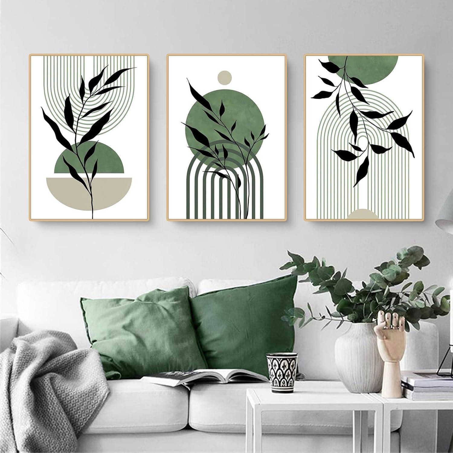 Poster 3er Set Premium Poster Grün Blätter, Abstrakt Kunst, Wandbilder