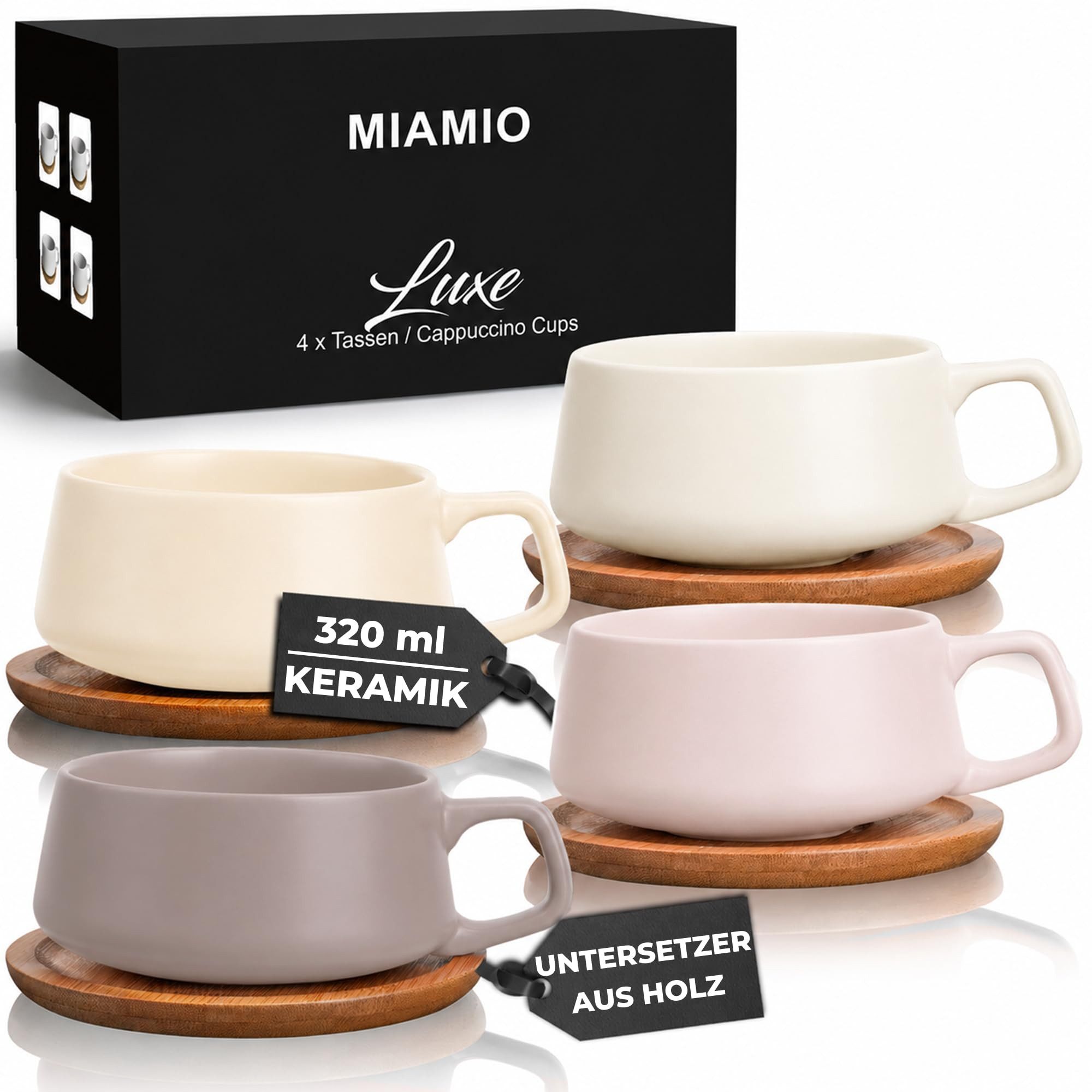 MiaMio Cappuccinotasse Luxe Cream Rose, 8-tlg., Keramik, 320 ml, mit Holzuntersetzern