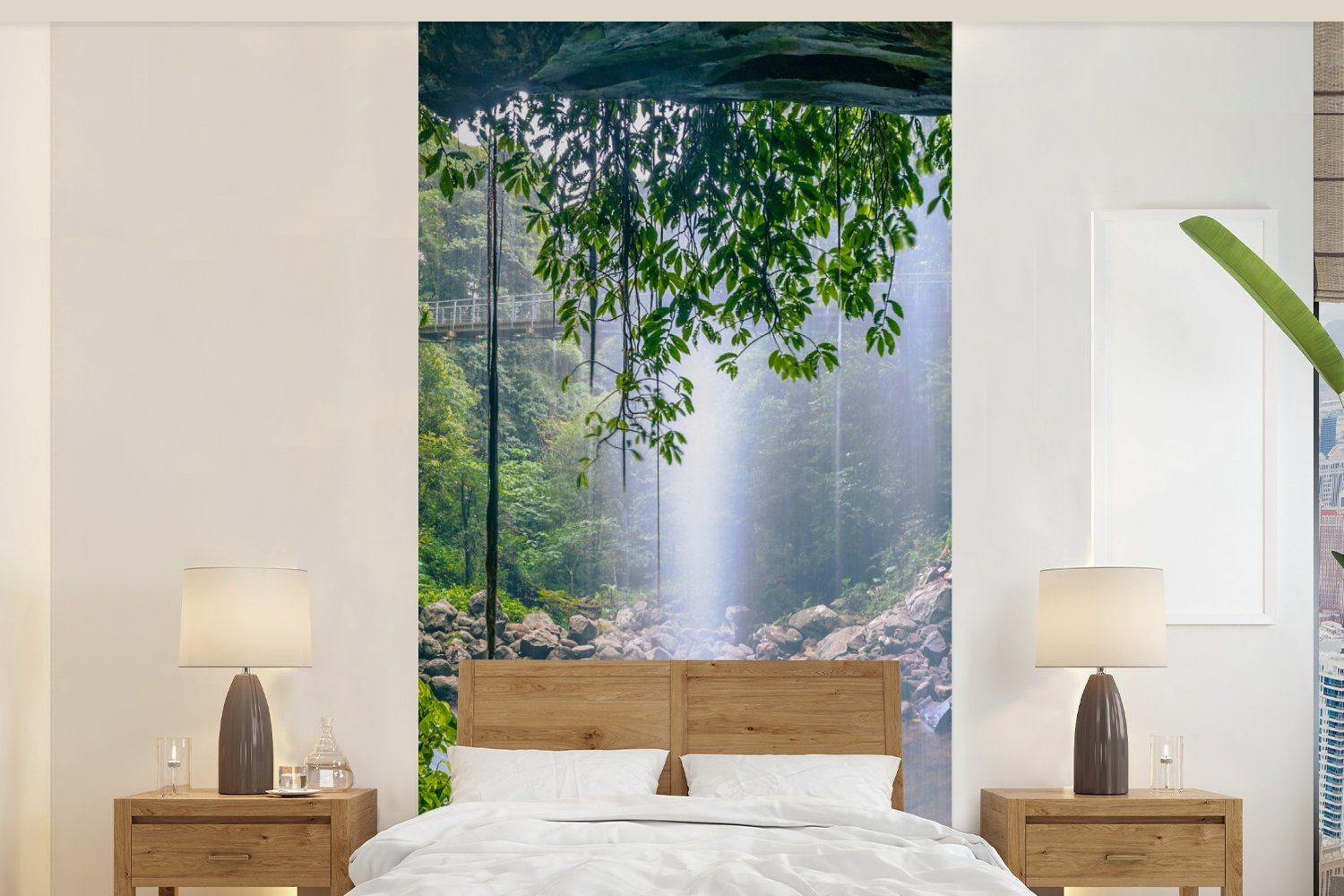 Pflanzen, bedruckt, Wohnzimmer MuchoWow Schlafzimmer Fototapete (2 Matt, Wasser St), Dschungel - Wasserfall Fototapete Regenwald - Küche, - - Vliestapete für