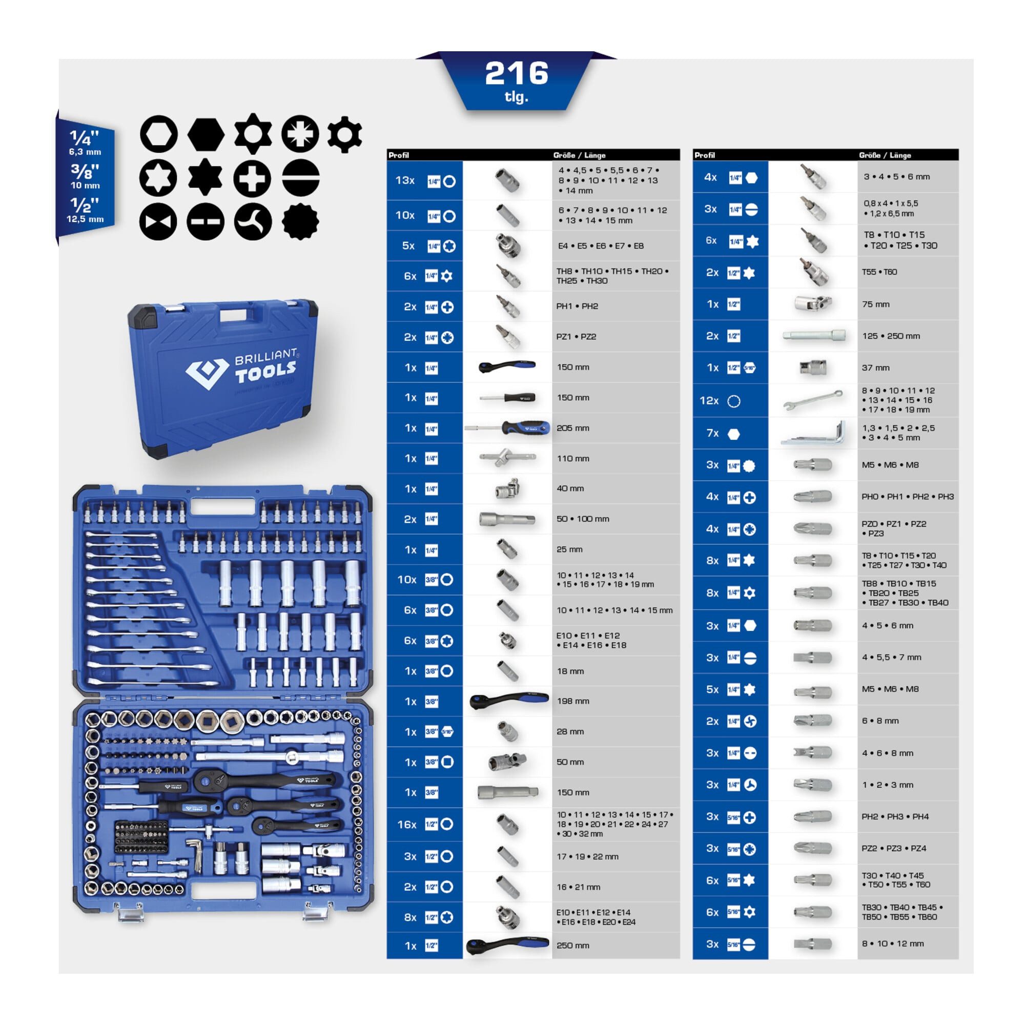 Brilliant Tools Steckschlüssel Brilliant Tools Steckschlüssel-Satz, 216-tlg, 1/4 Zoll, 3/8 Zoll, 1/2