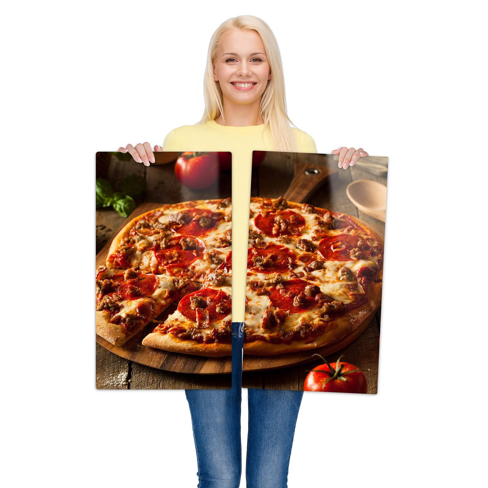 (2 Pizza Glas Spritzschutz auf Herdabdeckplatte aus Holzplatte, Primedeco Glas, Herd-Abdeckplatte tlg)