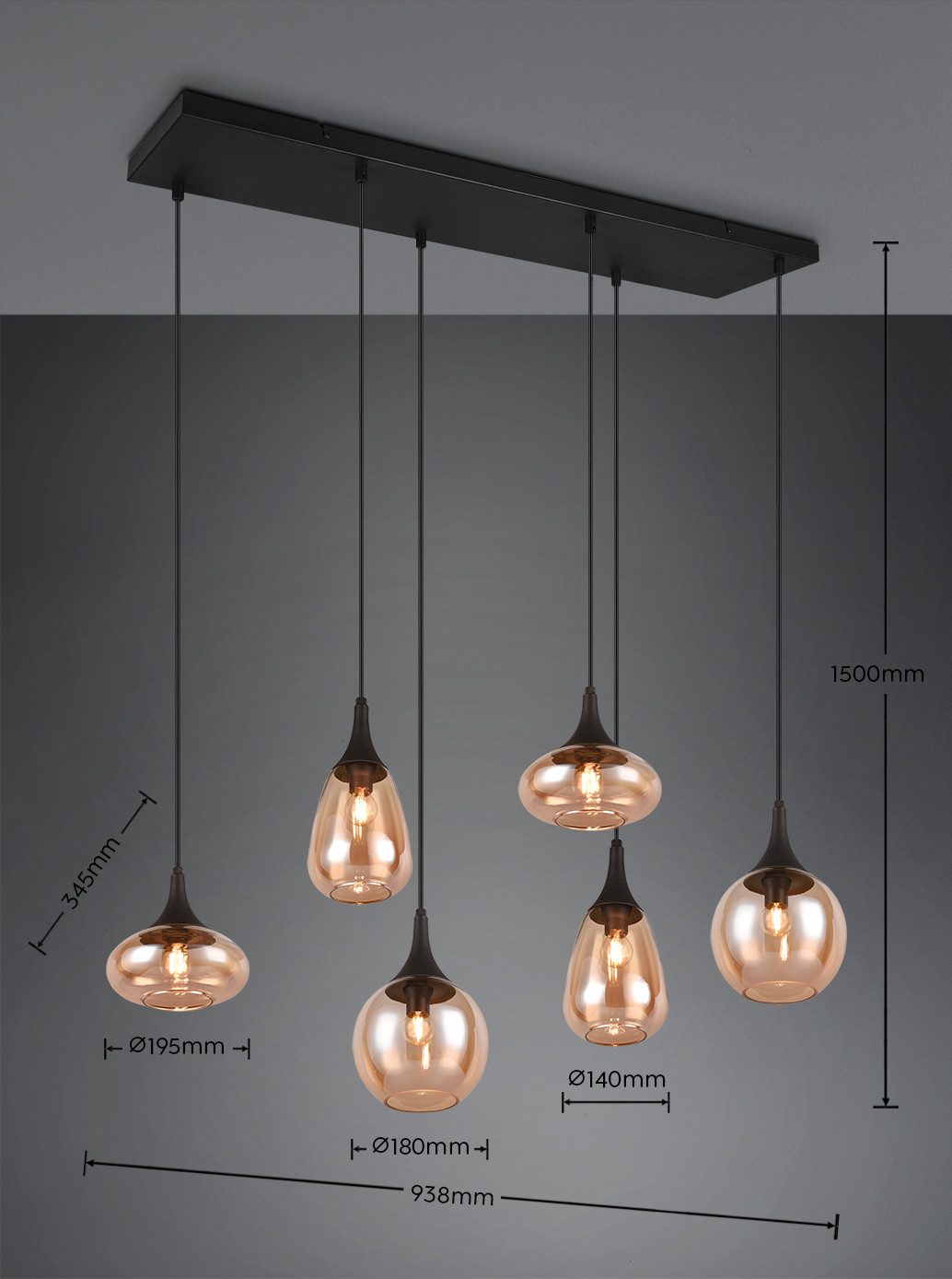 TRIO Leuchten Pendelleuchte Lumina, E14 Hängelampe 6-flammig Glasschirme in 3 Formen amberfarbig, Leuchtmittel wechselbar, warmweiß - kaltweiß, exkl 6x E14 max 40W, Hängeleuchte höhenverstellbar bis max 150 cm
