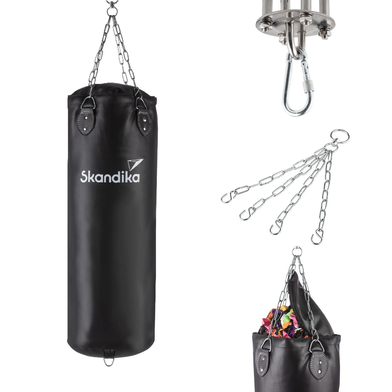Boxsack mit Füllung Bag Punching Schwarz, Vierpunkt-Stahlkette, Boxsack Skandika