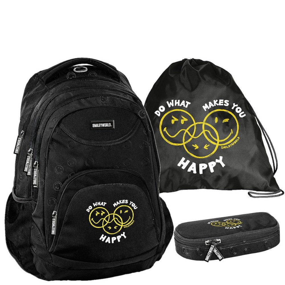 PASO Schulrucksack (Schulset, 3-tlg), Smiley Schulset 3-teilig – Schwarz