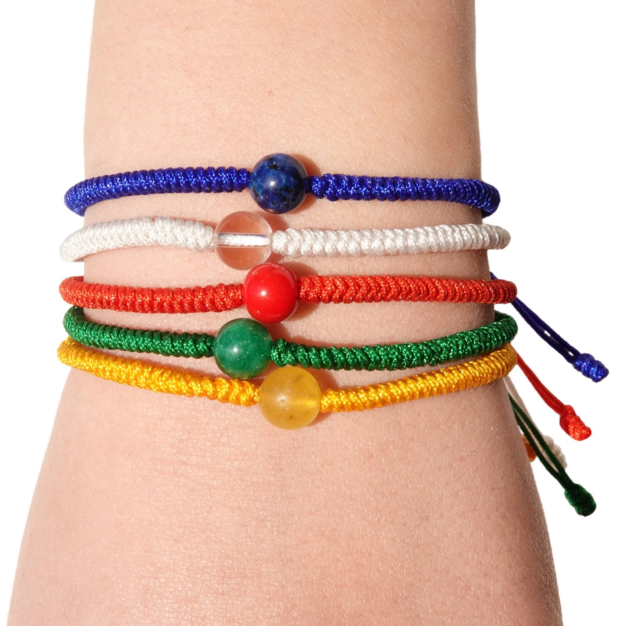 Buddhapur Armband Yamyang - Chakra Glücksarmband (1 Armband), Edelstein-Perle & Handarbeit 5er Set (weiß, gelb, rot, grün, blau & rot)
