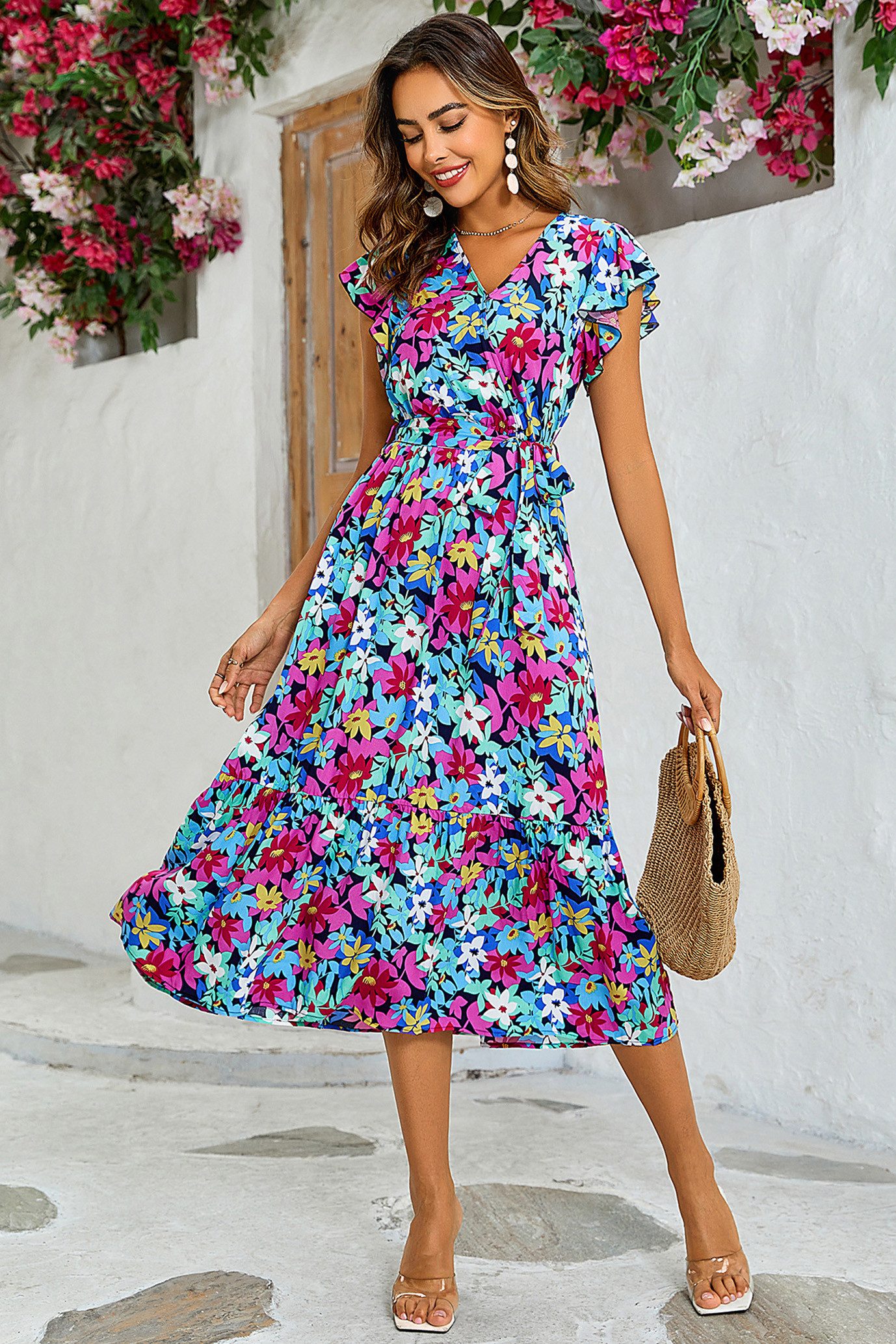 FS Collection Wickelkleid Damen Wickelkleid Midi V-Ausschnitt Sommer Blumenkleid mit Gürtel (XS (EU:36 / UK:8) · S (EU:38 / UK:10) · M (EU:40 / UK:12) · L (EU:42 / UK:14) · XL (EU:44 / UK:16), 2 Farben : Blau/Pink und Fuchsia-Pink) Rüschenkragen und Rüschenbesatz an den Schultern
