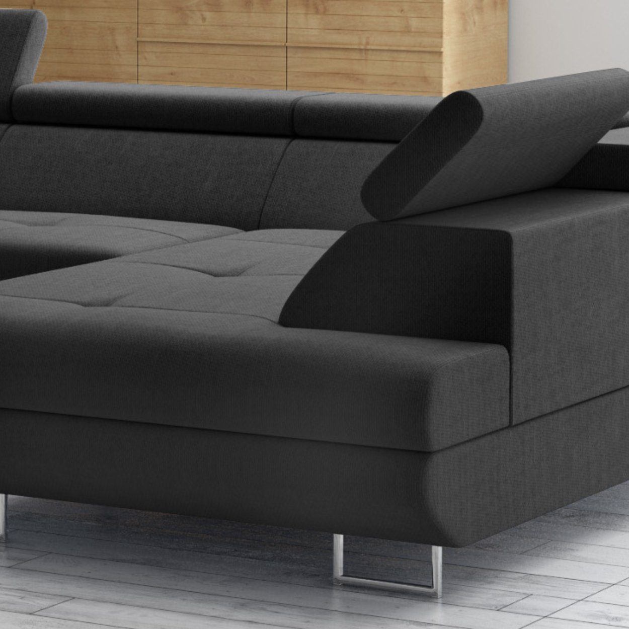 Grau Bettfunktion, Möbel Schwarz, mit mit Monaco Kopfteilverstellung Punkt mit Form, Wohnlandschaft U Bettkasten,