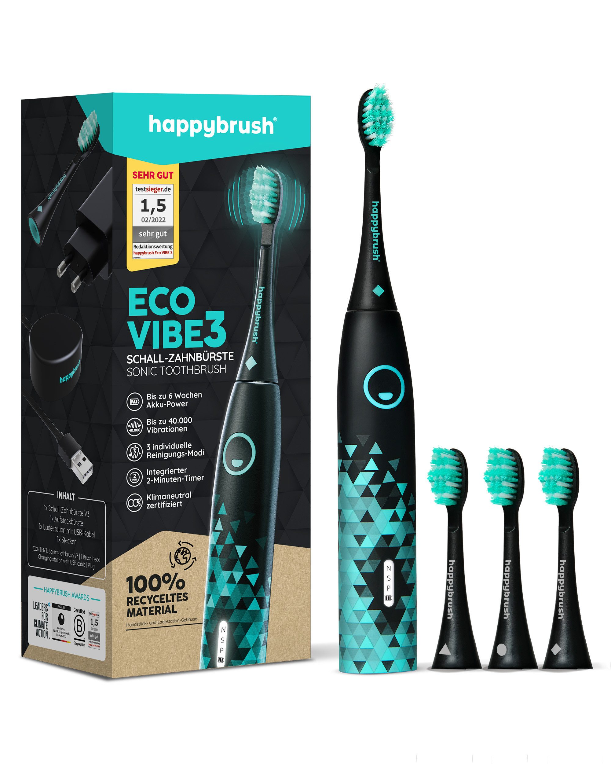happybrush Schallzahnbürste Eco VIBE 3 Black-Mint, Aufsteckbürsten: 4 St., Eco Vibe 3, 3 individuelle Putz-Modi, Schalltechnologie