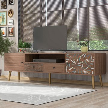 MODFU TV-Schrank Lowboard (2 Türen, 2 Schubladen, Ablagefach - Landhaus-Design) Goldene Füße"- Lowboard mit Aufdruck.