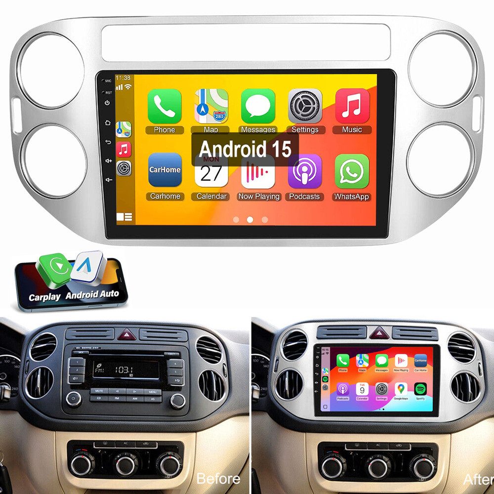ESSGOO Für VW Tiguan 5N 2010-2016 Android 15 Carplay Android Auto Autoradio (Digitalradio (DAB), RDS, FM, AM, Carplay Android Auto GPS Navi WIFI BT SWC EQ)