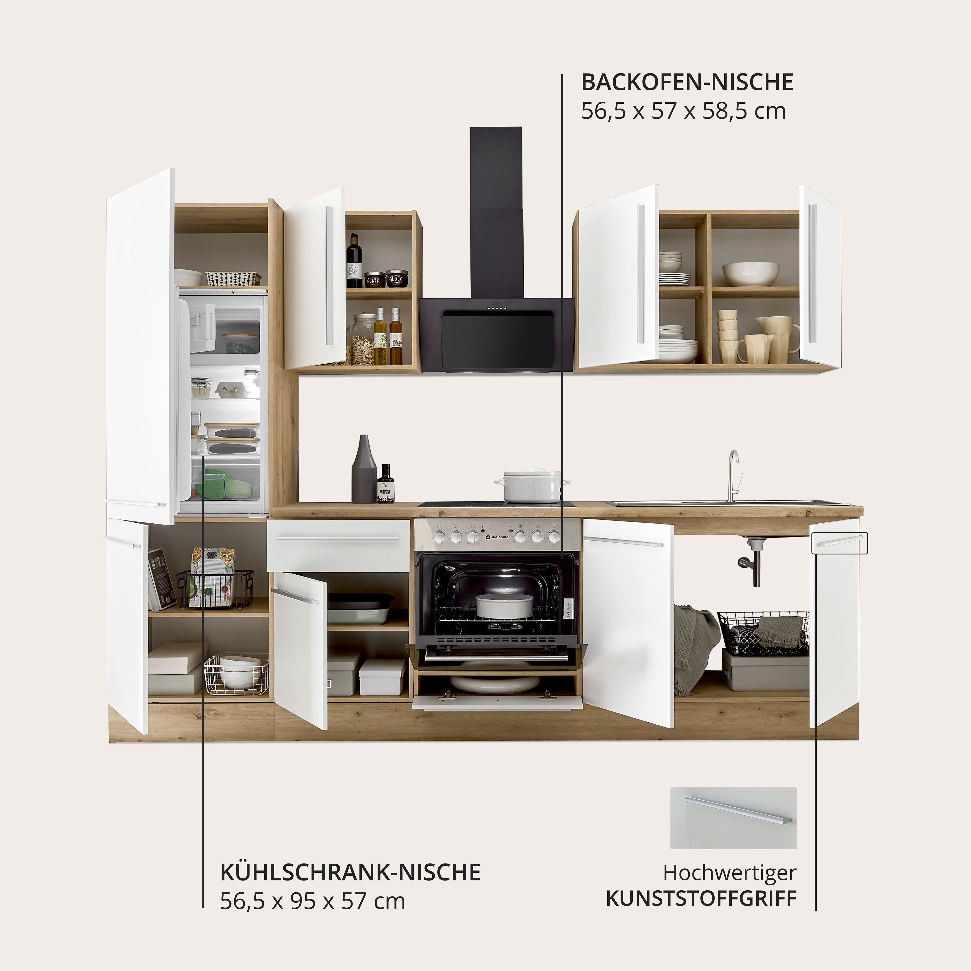 KOCHSTATION Küchenzeile KS-Florida mit 38mm starker Arbeitsplatte, Breite 270 cm, wahlweise mit E-Geräten, Soft-Close-Funktion