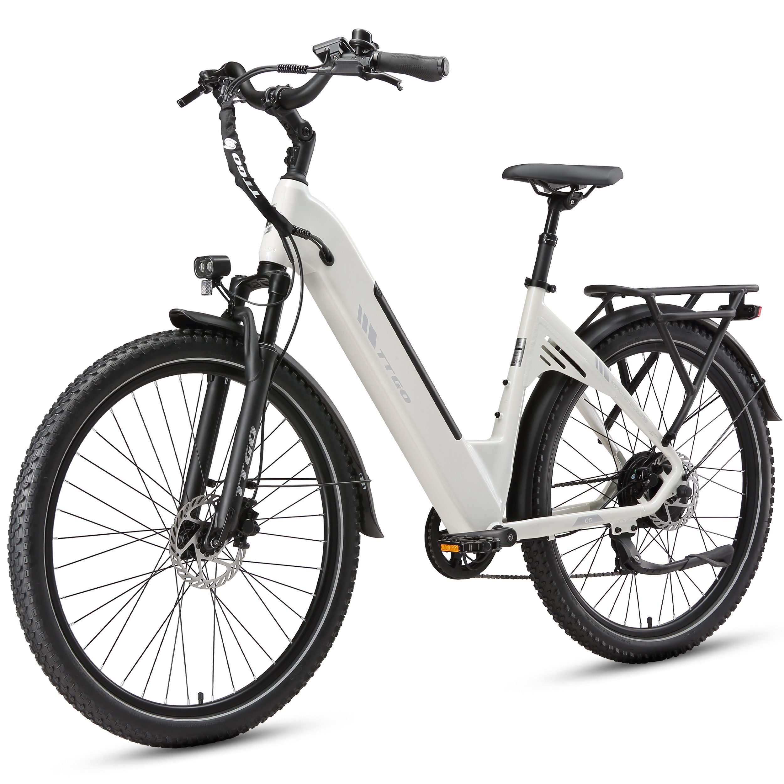 TTGO E-Bike Cityrad 28x2,4 Zoll, 110km, 70 Nm Hinterradmotor, C5, ZOOM Federsattelstütze, 7 Gang Shimano, Kettenschaltung, Heckmotor, 648 Wh, Tiefeinstieg, Pedelec, Elektrofahrrad, für Damen Herren, Hydr. Bremse