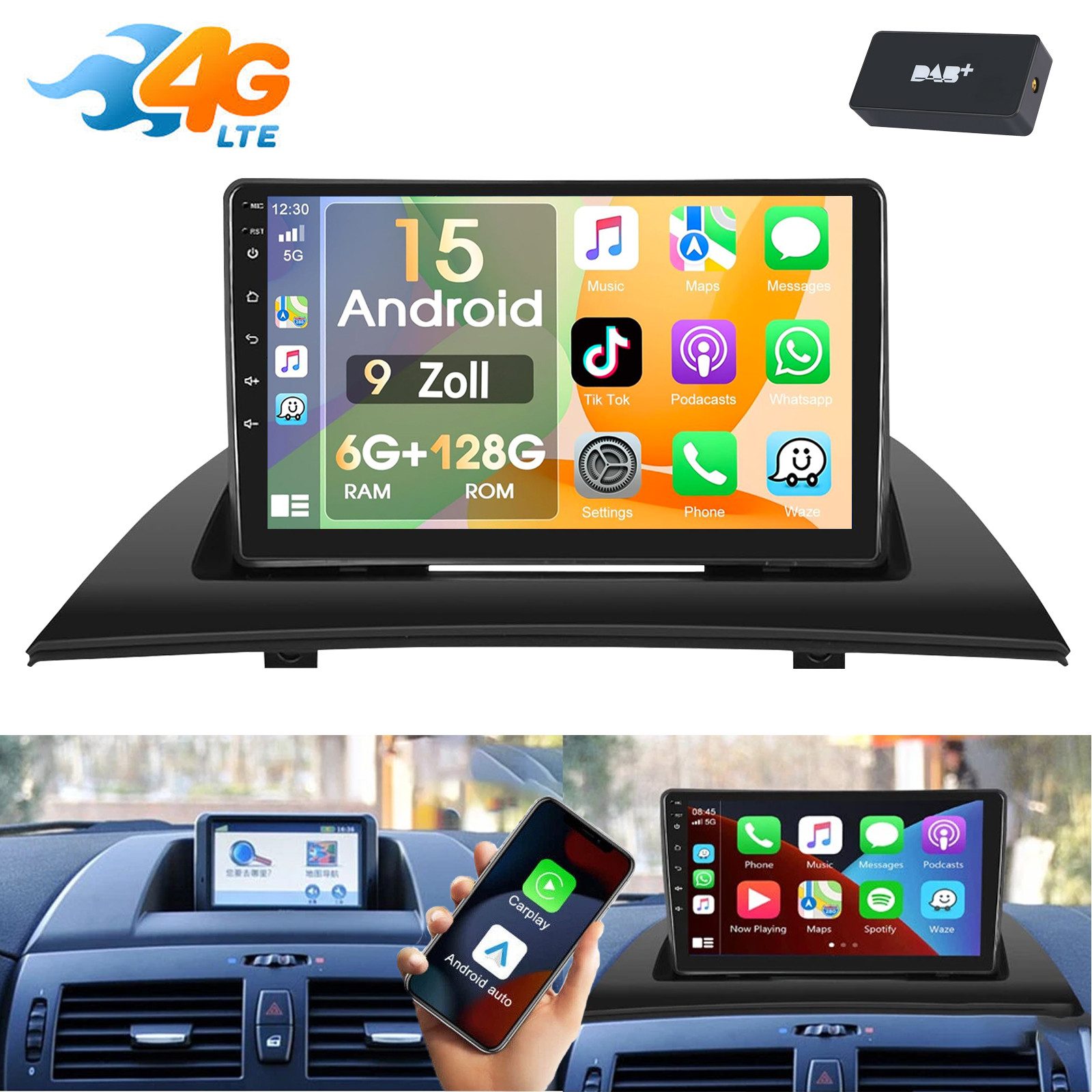 ESSGOO DAB+ Für BMW X3 E83 2004-2012 Carplay 9" Autoradio 6+128G Android 15 Autoradio (6GB+128GB, RDS, 4G LTE, Digitalradio (DAB), FM, SWC, Carplay Android Auto Bluetooth EQ USB GPS Navi WIFI Touchscreen)