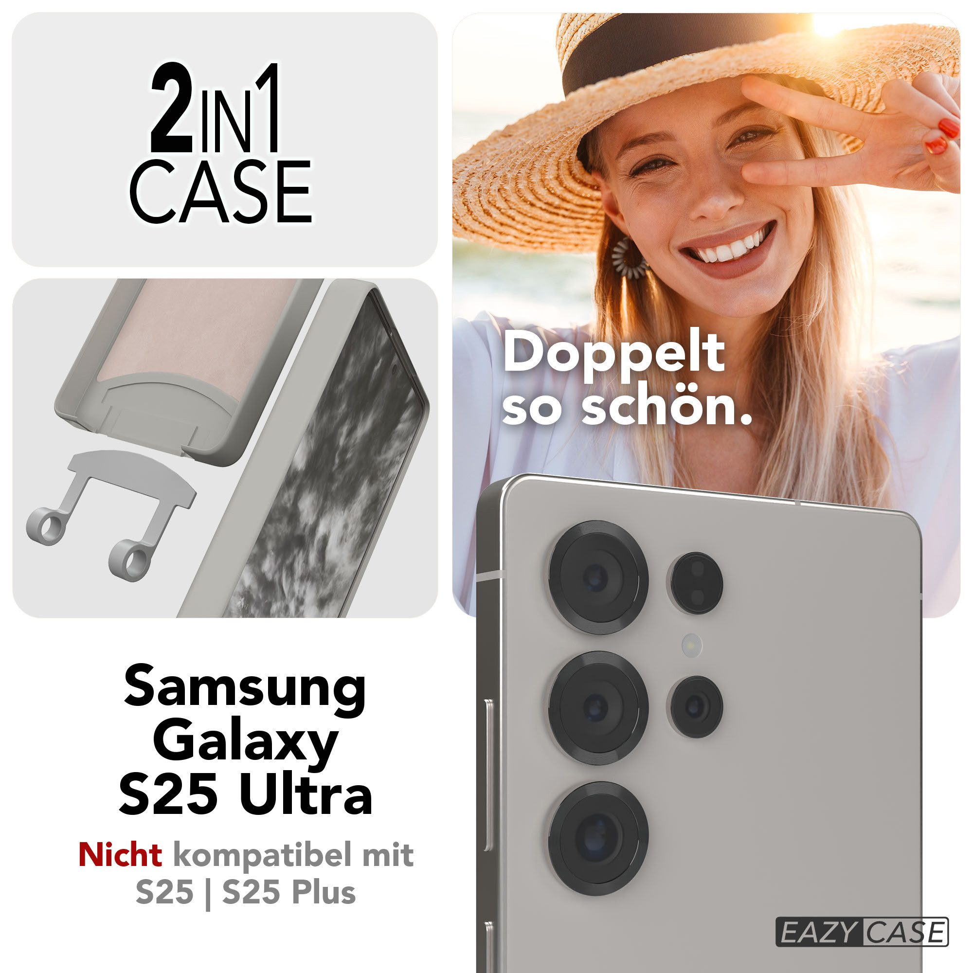 EAZY CASE Handykette 2in1 Hülle mit Band Samsung Galaxy S25 Ultra 5G 6,9 Zoll, Smartphonekette Cross Bag Silikonhülle Umhängetasche Necklace Grau