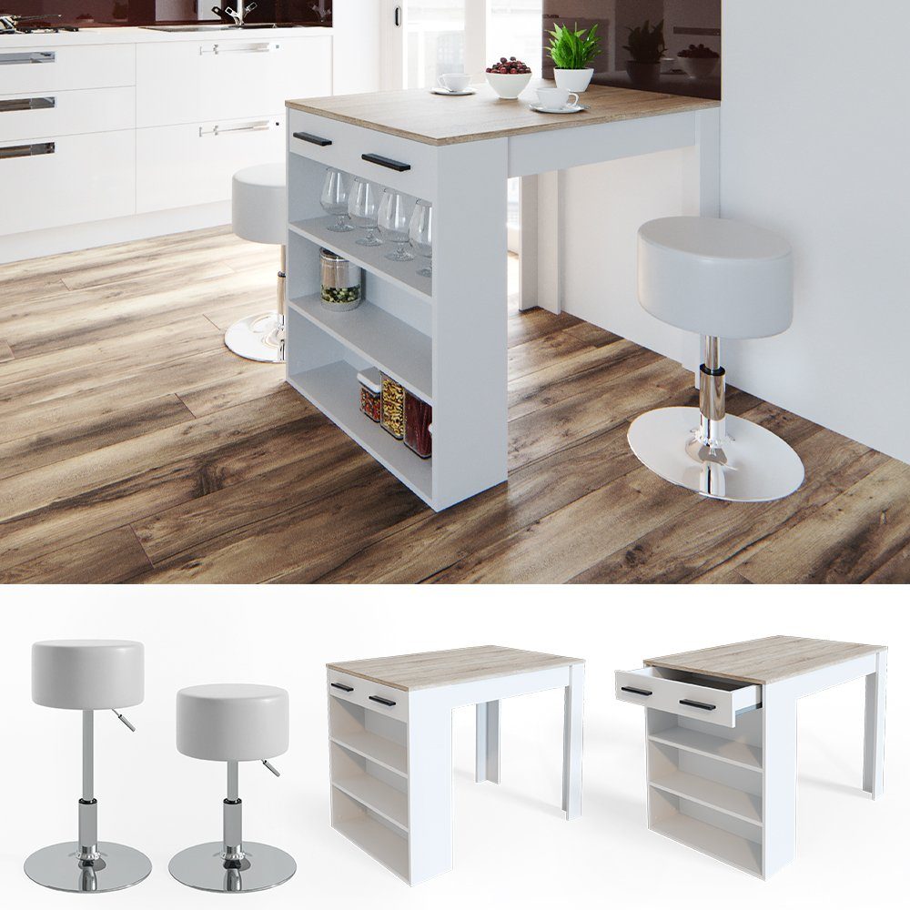 Vicco Bartisch Repose, Sonoma/Weiß/Weiß, 67 x 100 cm mit 2 Hockern günstig online kaufen