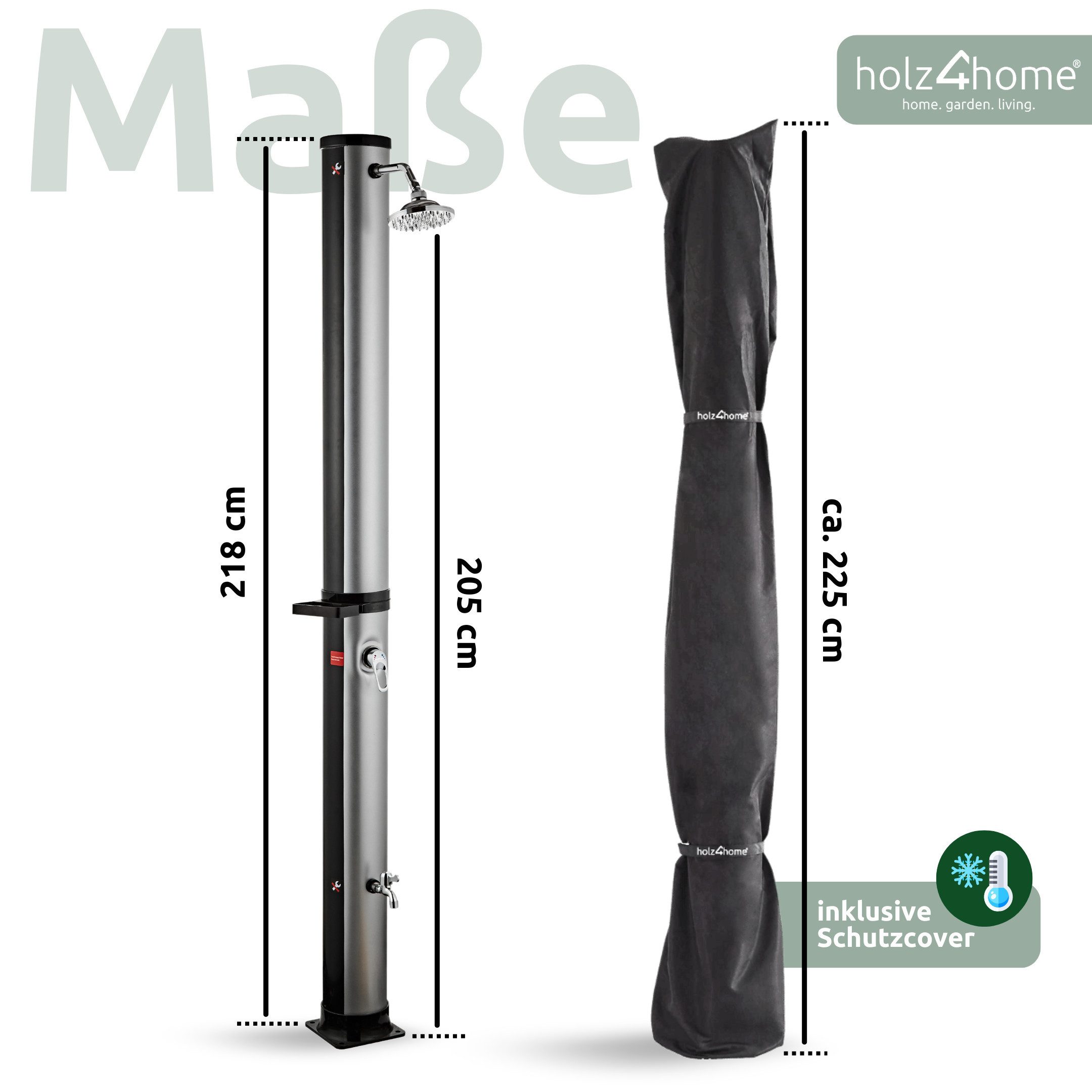 holz4home® Solardusche Gartendusche Aussendusche mit Warmwasser I Pooldusche Saunadusche, Mit Fußdusche und Seifenablage