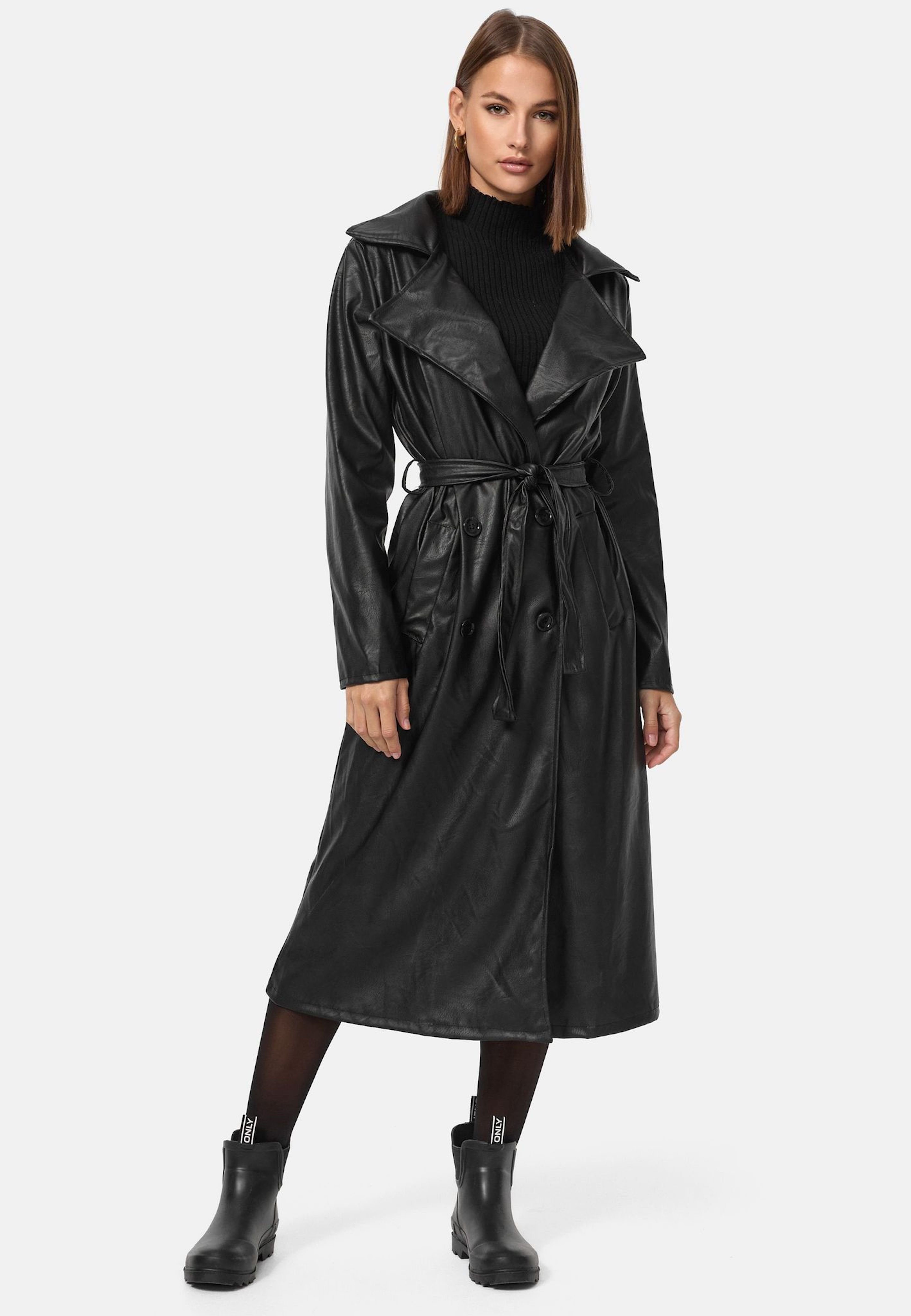 Worldclassca Trenchcoat Worldclassca TRENCHCOAT Kunstleder Gürtel Reverskragen Mantel Schwarz