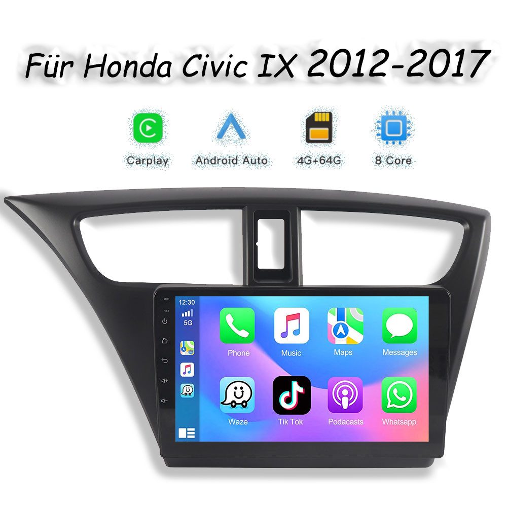 A-Sure Für Honda Civic IX 2012-2017 4+64G 8 Core Carplay Android 15 GPS Navi Autoradio (Digitalradio (DAB), FM, AM, 1280*800 IPS Screen/8-Core CPU)