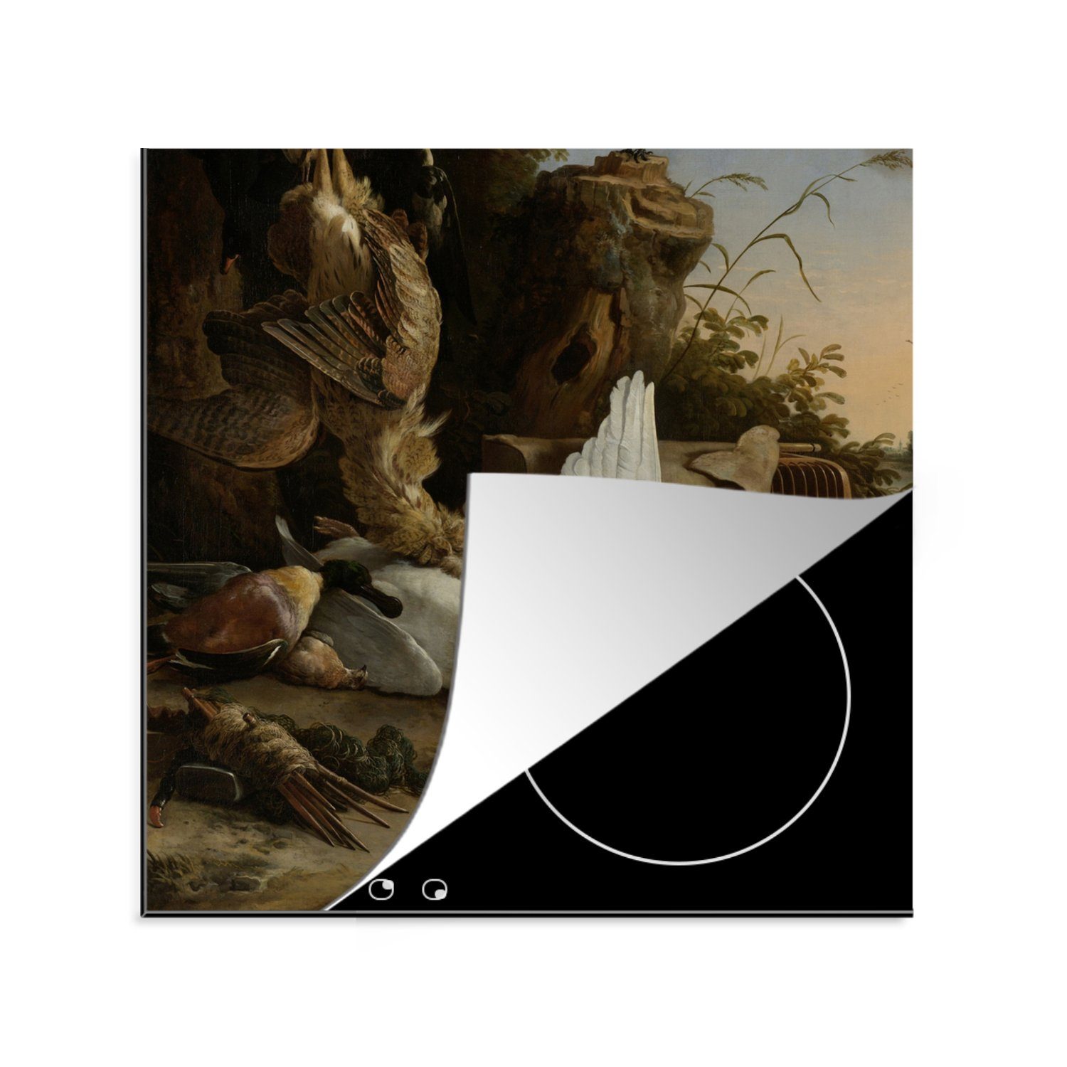 MuchoWow Herdblende-/Abdeckplatte Eine Elster auf einem Baumstumpf - Melchior d'Hondecoeter, Vinyl, (1 tlg), 78x78 cm, Ceranfeldabdeckung, Arbeitsplatte für küche