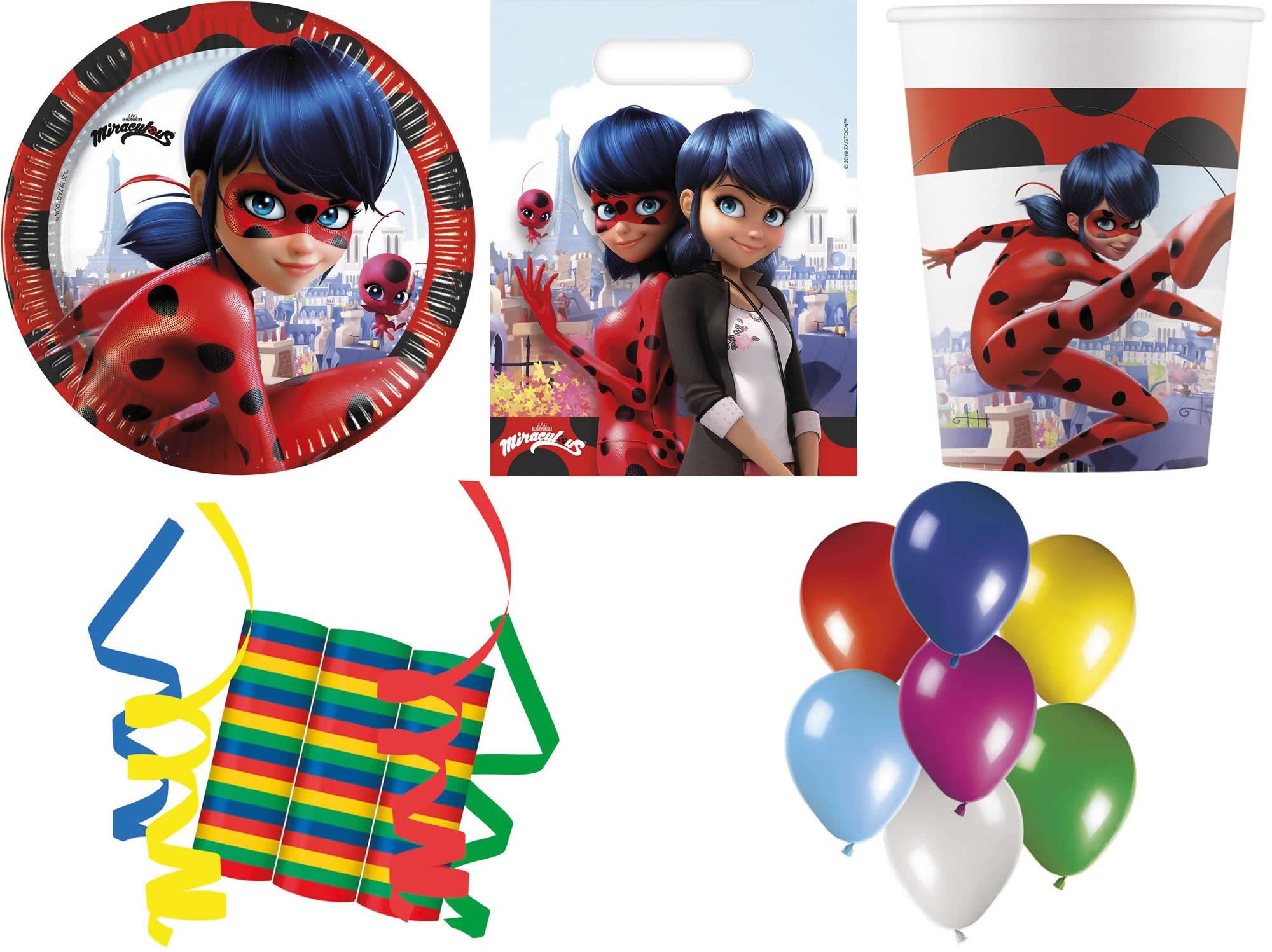 Procos Einweggeschirr-Set 132-tlg Set Kindergeburtstag Party Feier Deko Motto Miraculous Ladybug (132-tlg), 8 Personen