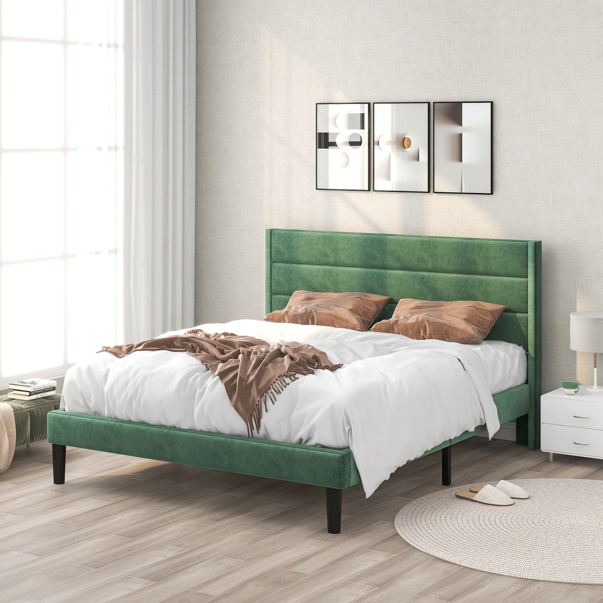 Polsterbett, 140 x 200 cm Doppelbett Ehebett mit Lattenrost & Kopfteil, Samt