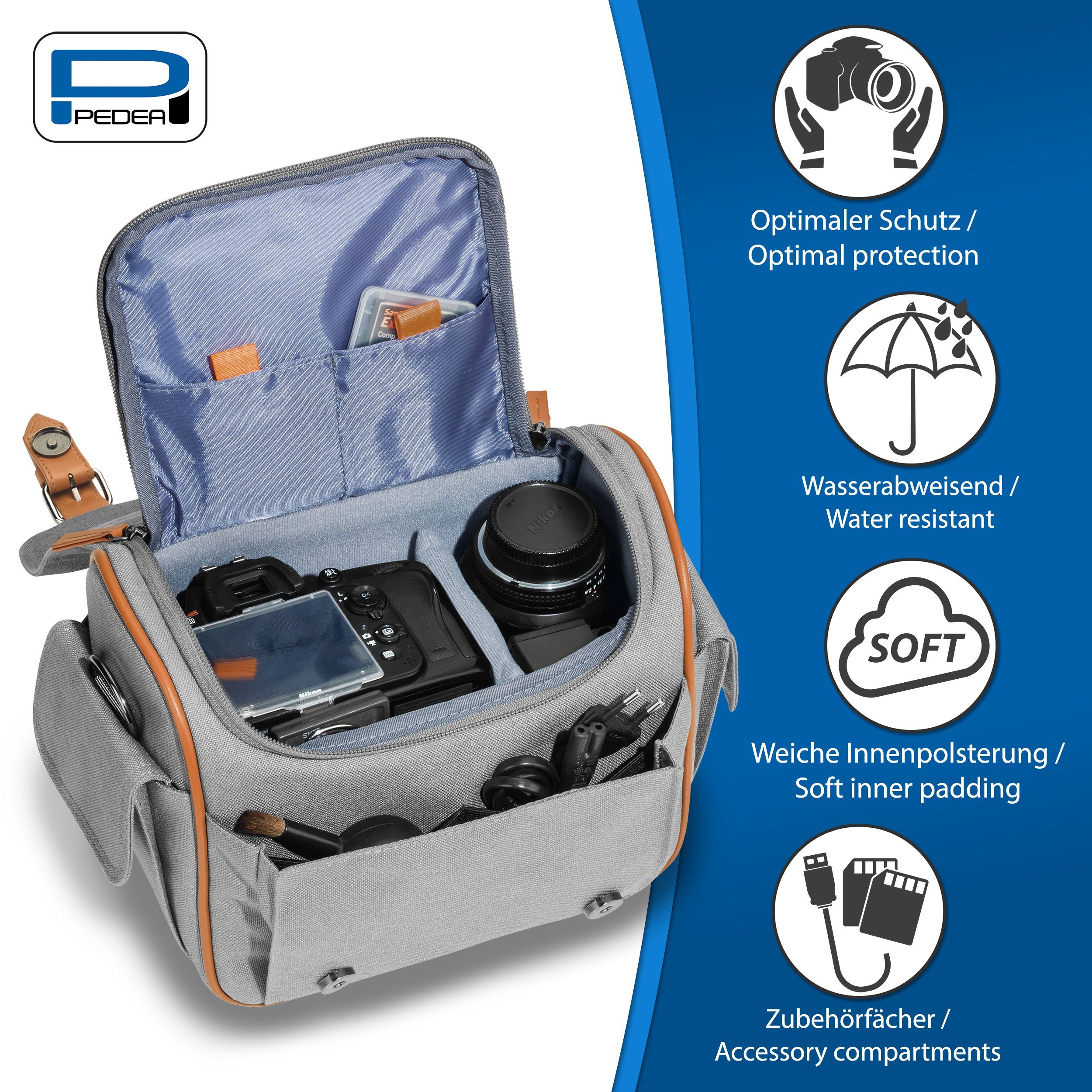PEDEA Kameratasche VINTAGE Fototasche für Spiegelreflexkamera DSLR SLR, Regenschutz, Schultergurt, Zubehörfächer