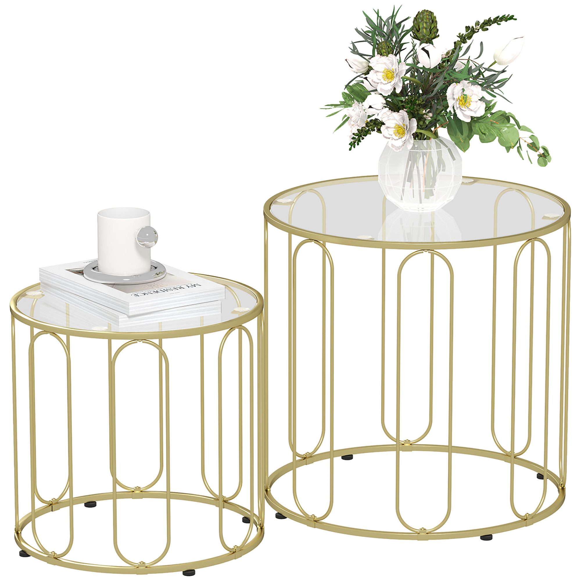 HOMCOM Couchtisch Beistelltisch Set Sofatisch mit geometrischem Metallrahmen, Glasplatte (Wohnzimmertisch, 2-St., Kaffeetisch), für Wohnzimmer, Gold – Bild 2 von 5